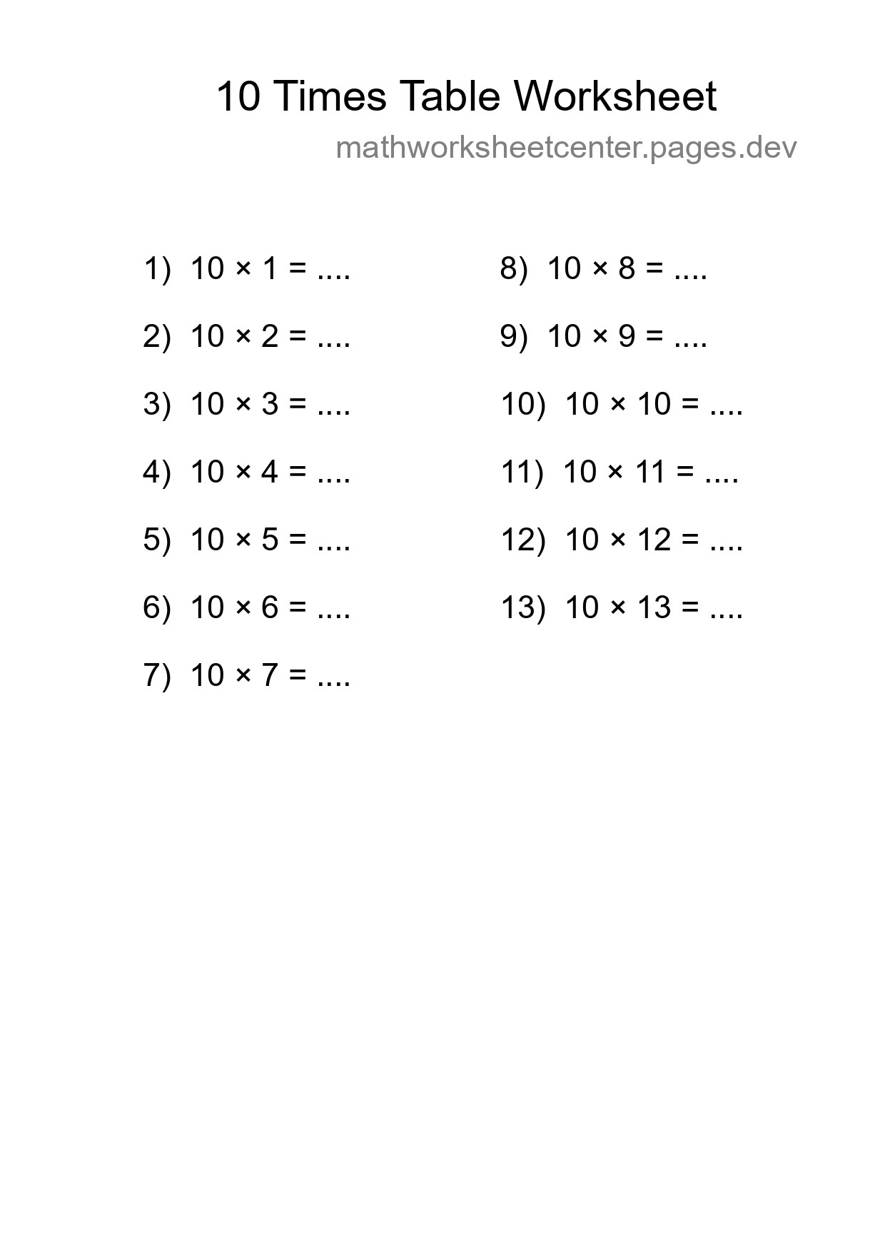 10 Times Table Worksheet For Grade 3 With Answers - Part 179