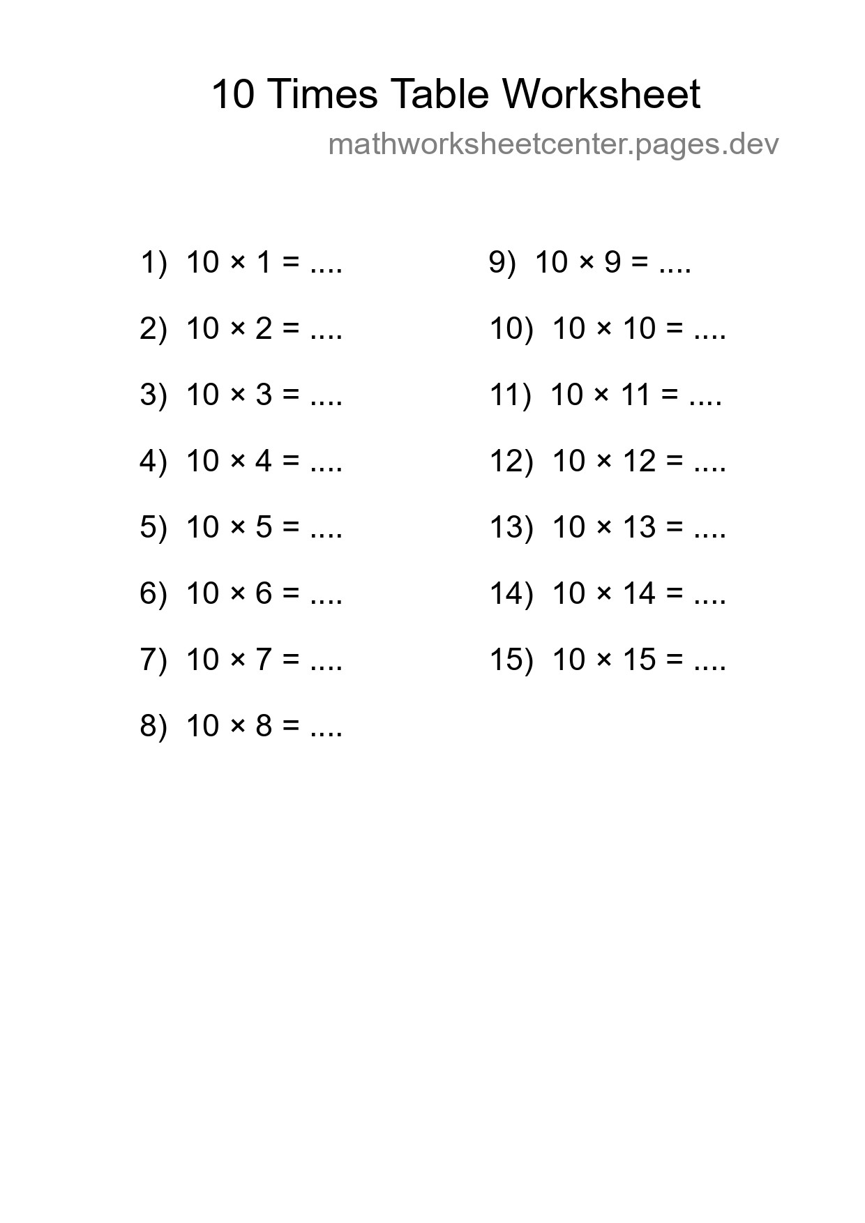10 Times Table Worksheet For Grade 3 With Answers - Part 99
