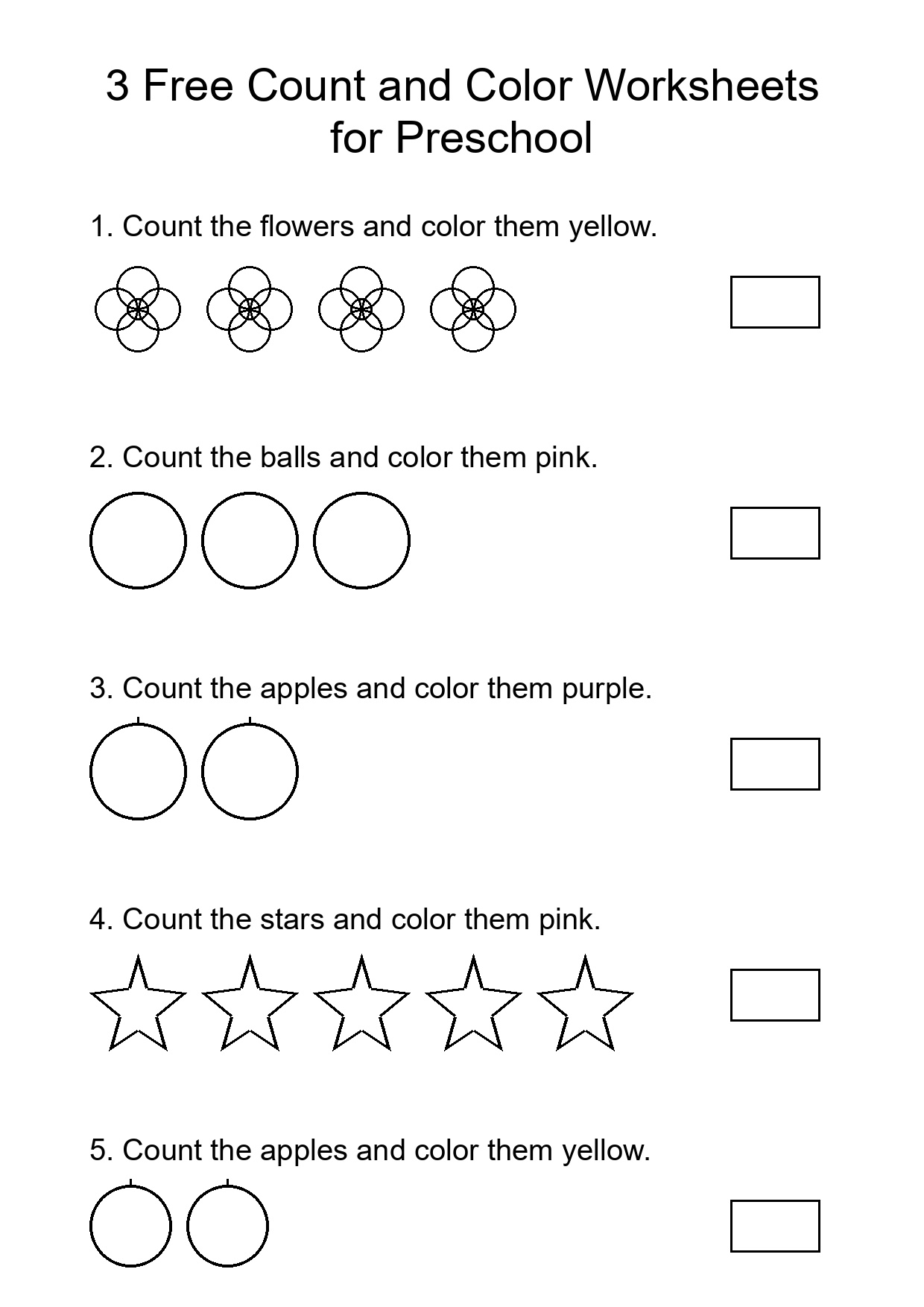 3 Free Count and Color Worksheets for Preschool