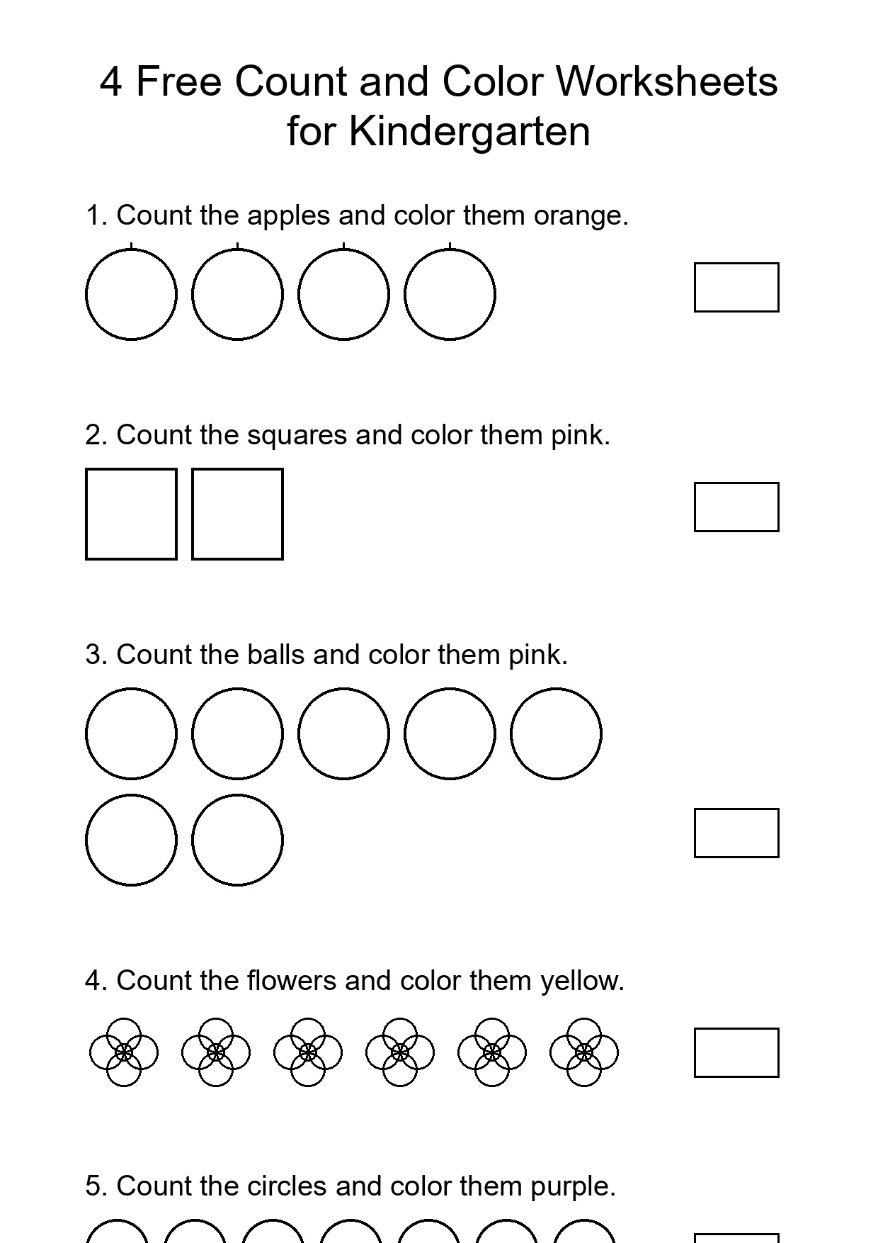 4 Free Count and Color Worksheets for Kindergarten
