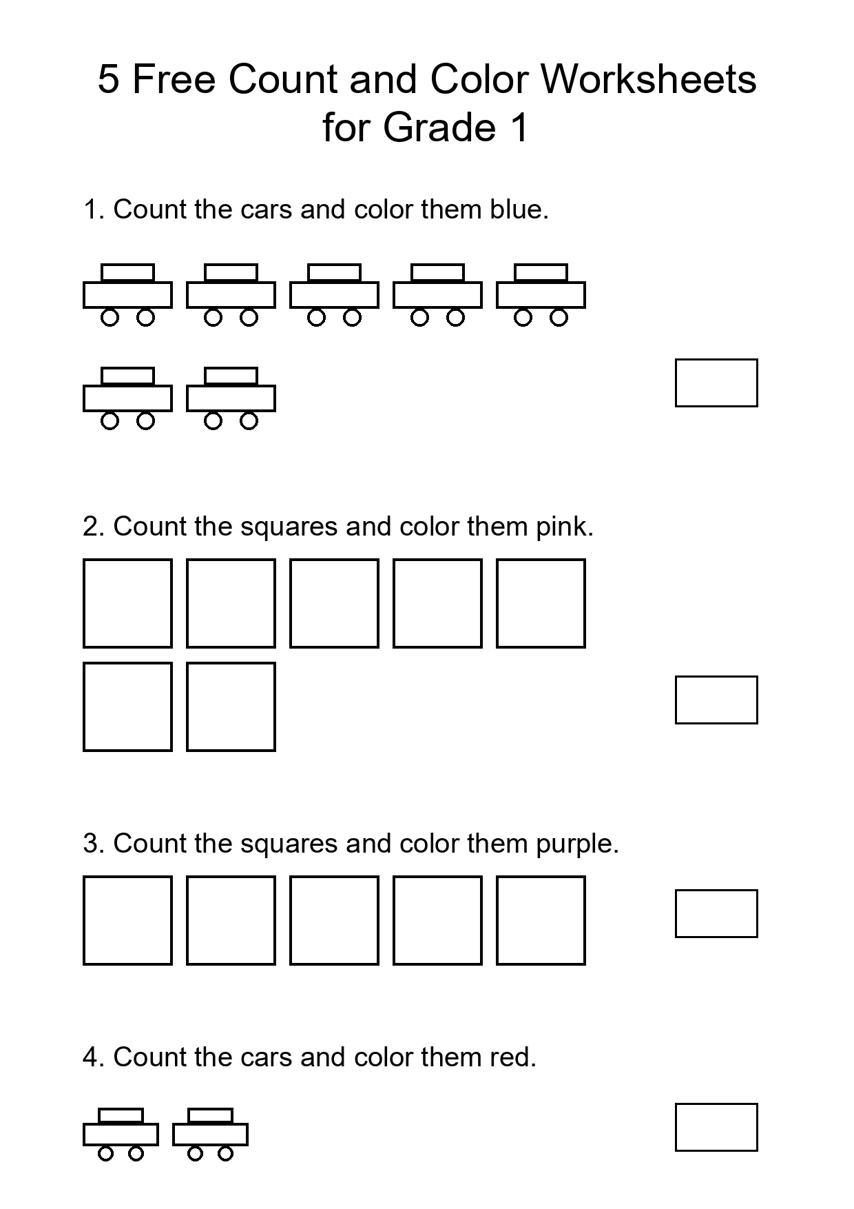 5 Free Count and Color Worksheets for Grade 1