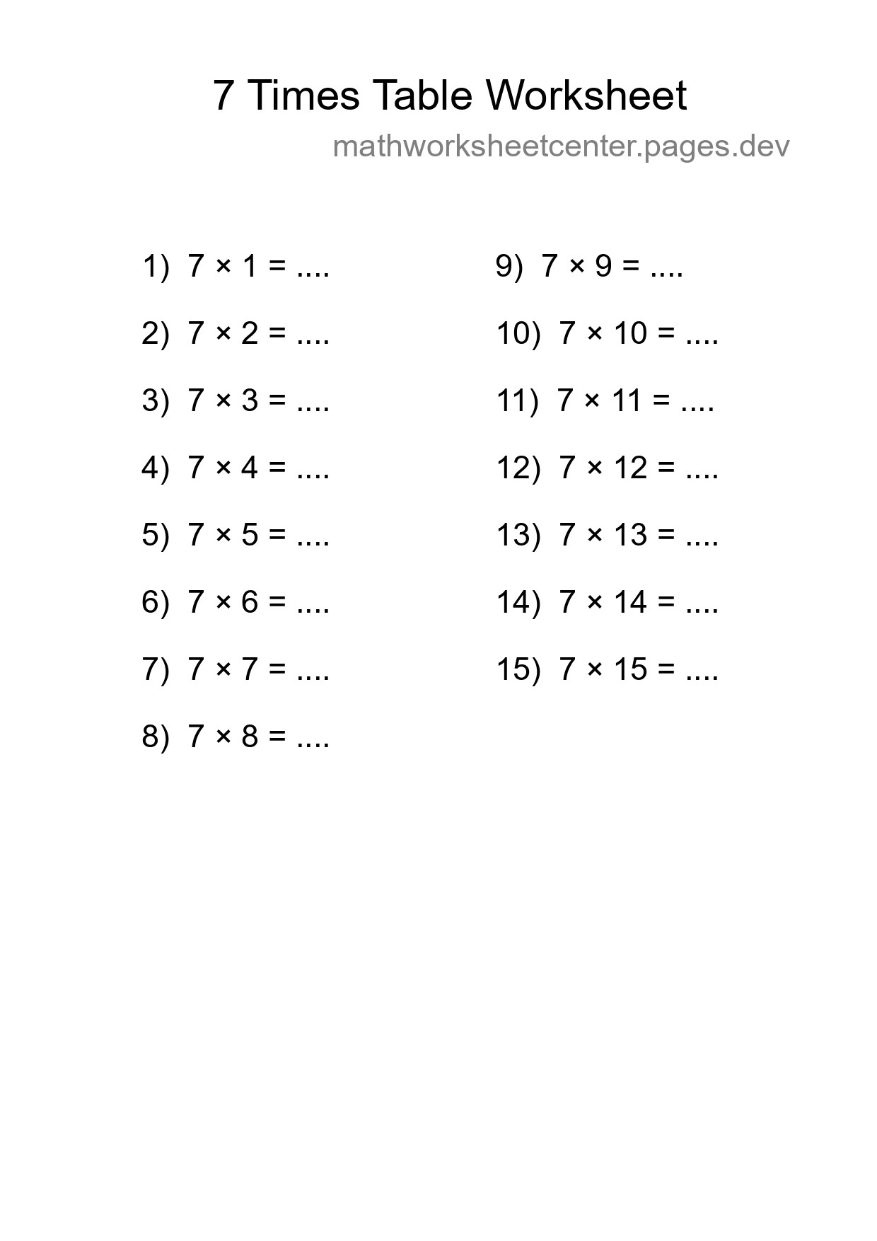 7 Times Table Worksheet For Grade 3 - Part 109