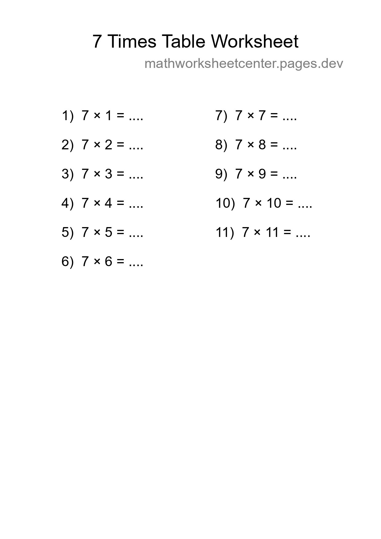 7 Times Table Worksheet For Grade 3 - Part 259