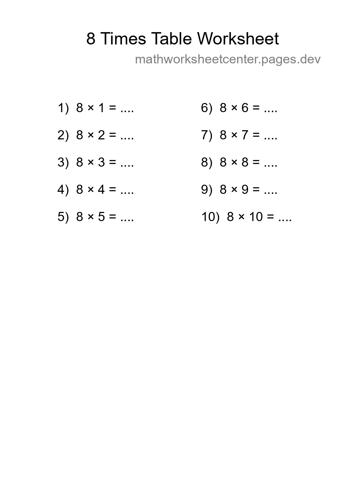 8 Times Table Worksheet For Grade 3 - Part 239