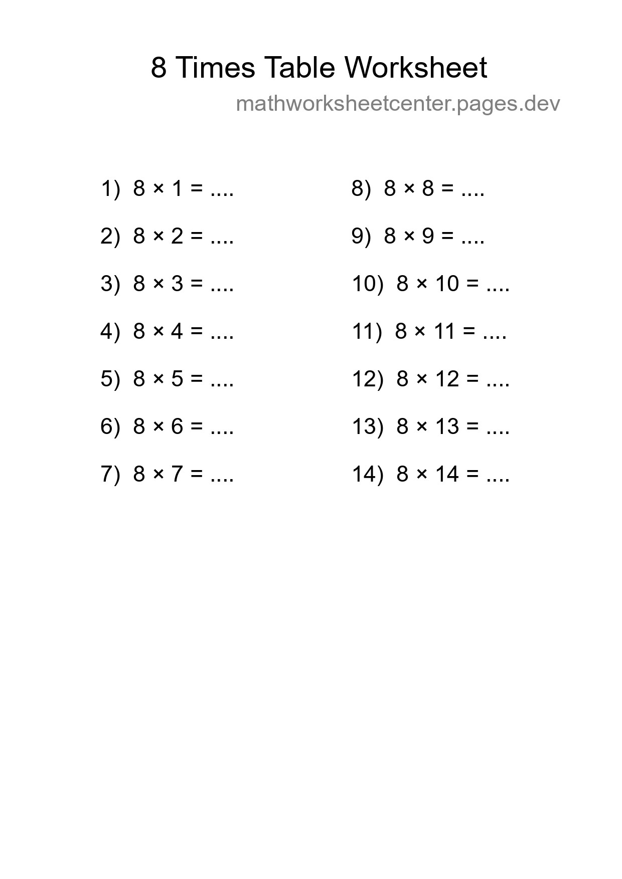 8 Times Table Worksheet For Grade 3 - Part 269