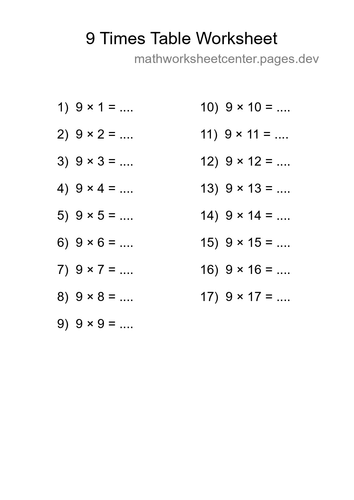 9 Times Table Worksheet For Grade 3 - Part 79