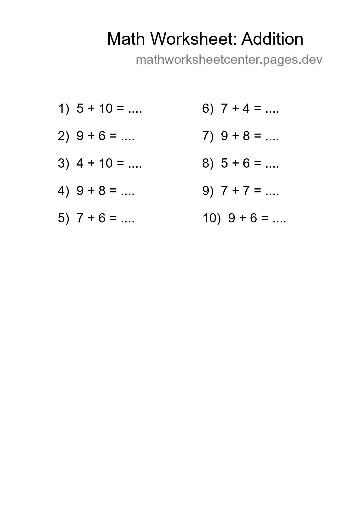 Free 10 Addition Math Worksheet For Grade 1 - Part 251