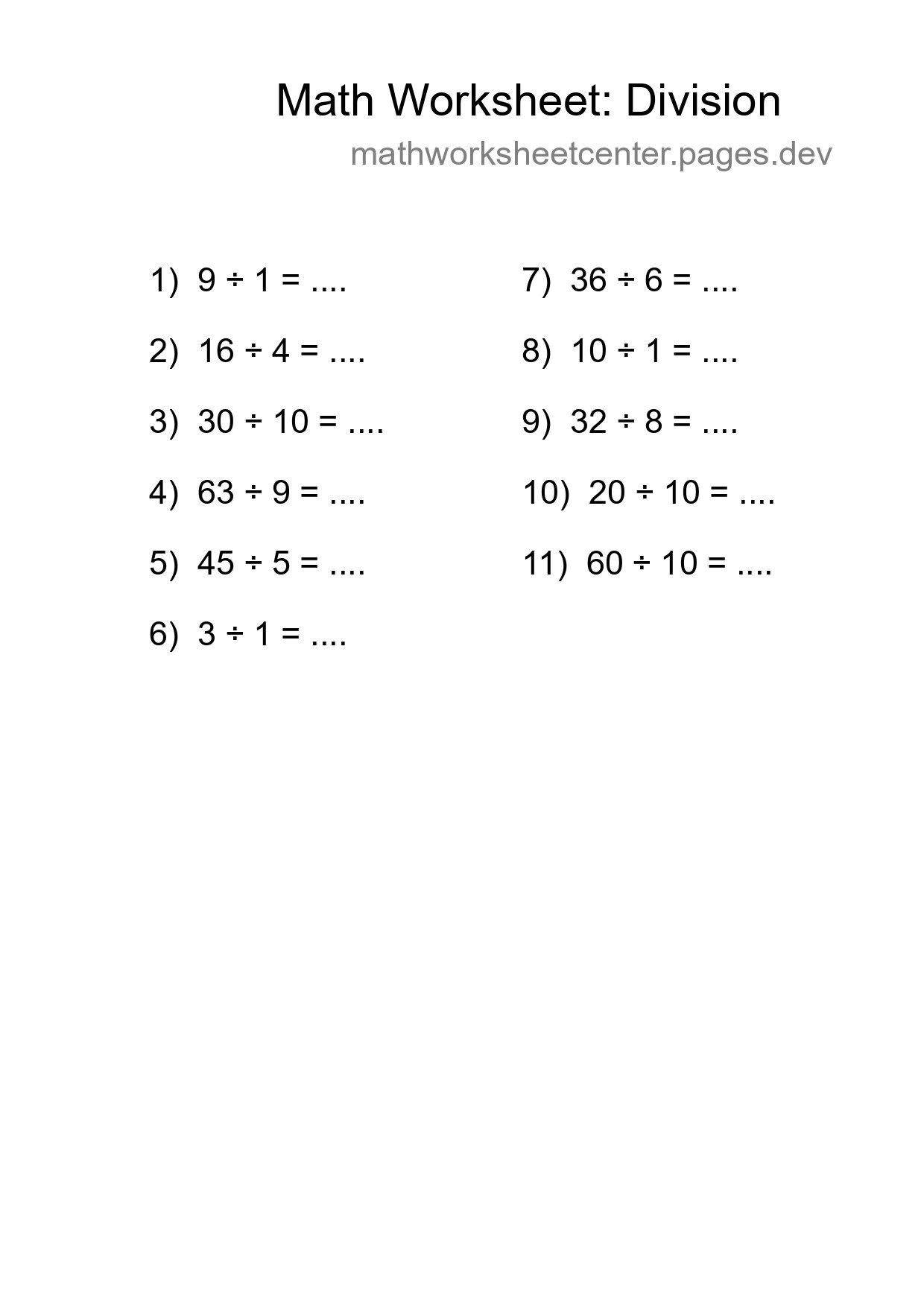 Free 11 Division Math Worksheet For Grade 1 With Answers - Part 44