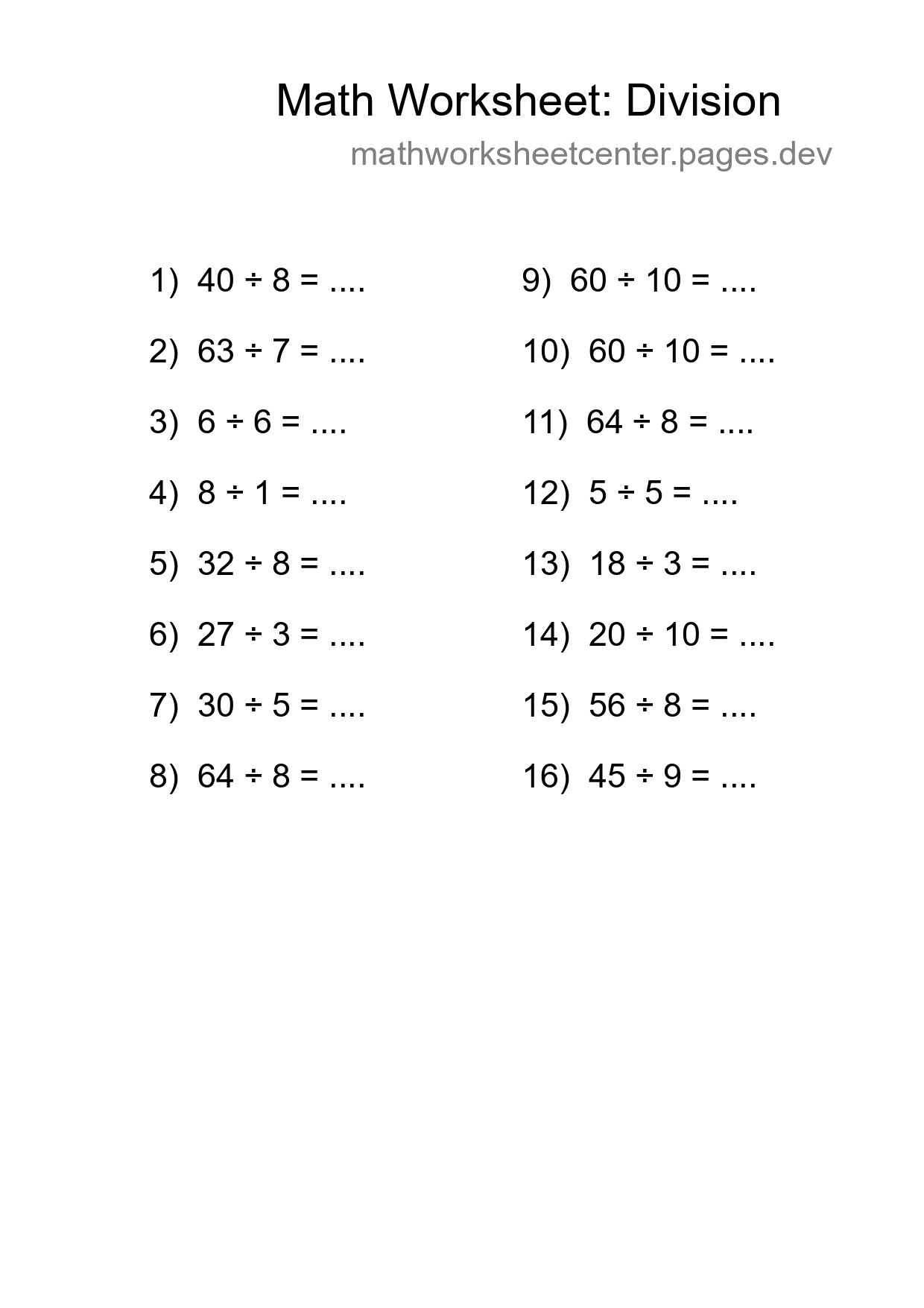 Free 16 Division Math Worksheet For Grade 1 - Part 24