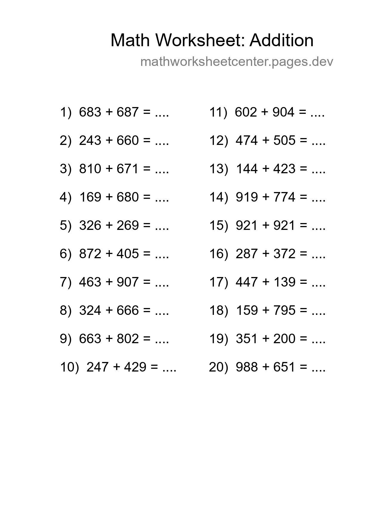 Free 20 Addition Math Worksheet For Grade 5 - Part 91
