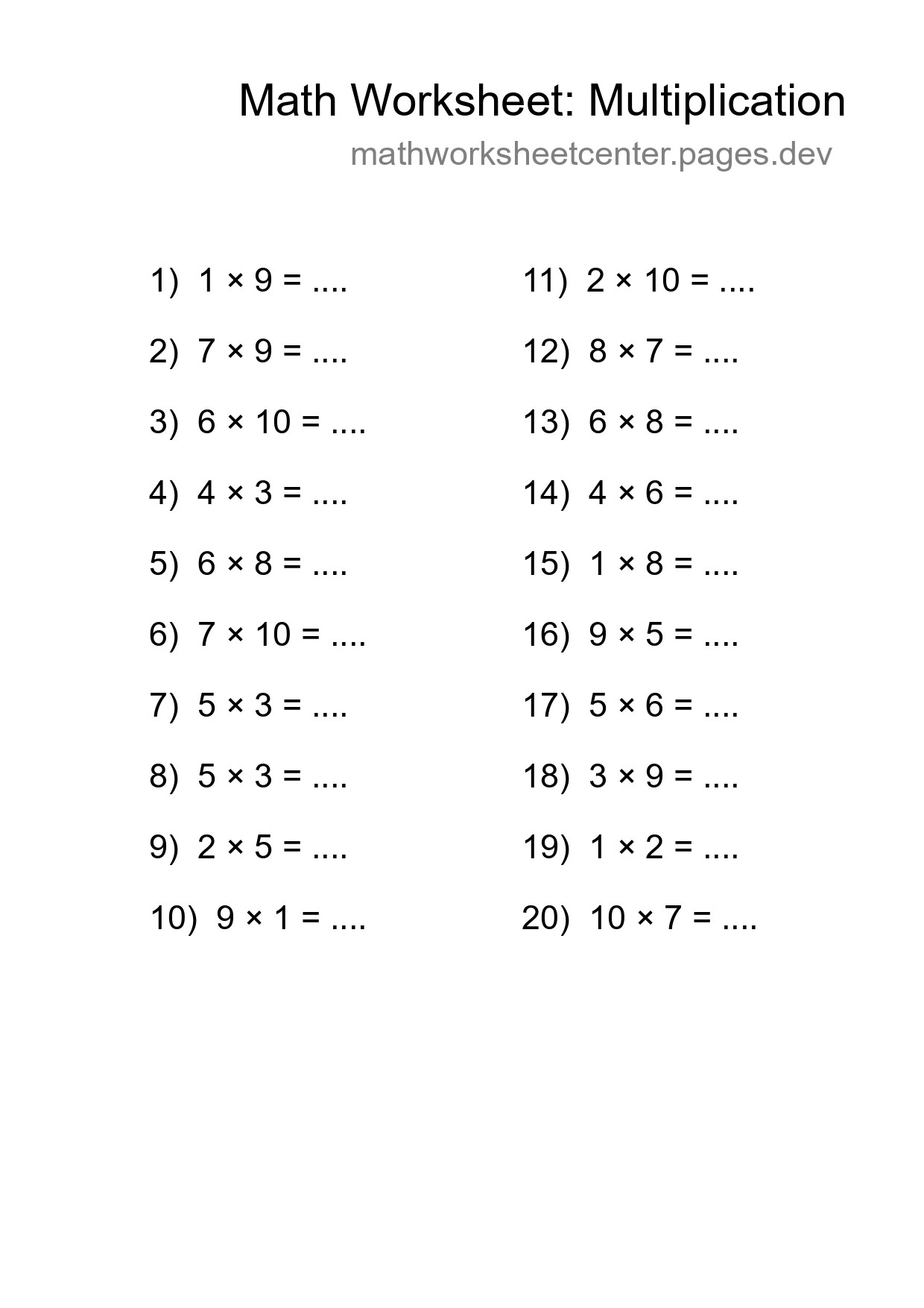 Free 20 Multiplication Math Worksheet For Grade 1 - Part 227