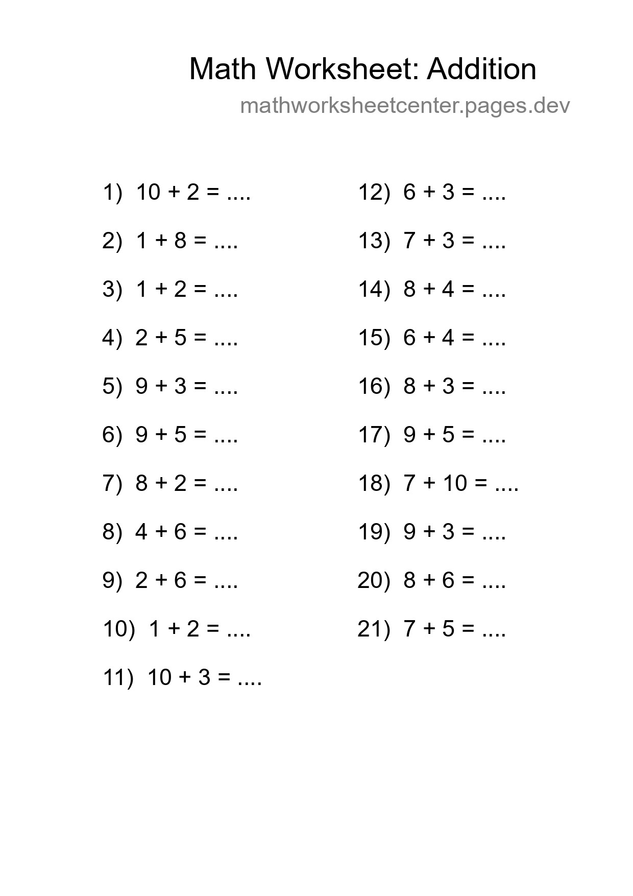 Free 21 Addition Math Worksheet For Grade 1 - Part 161