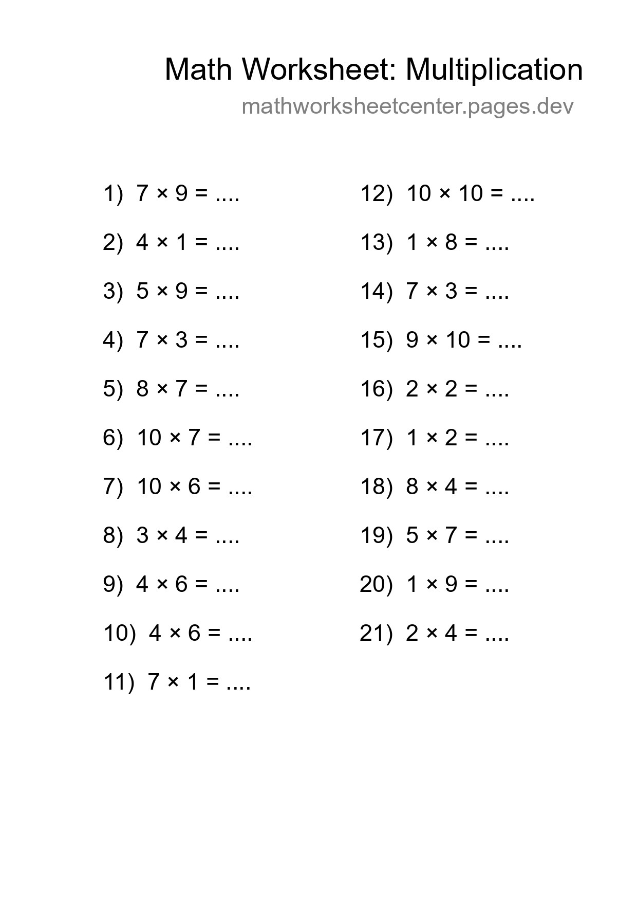 Free 21 Multiplication Math Worksheet For Grade 1 - Part 147
