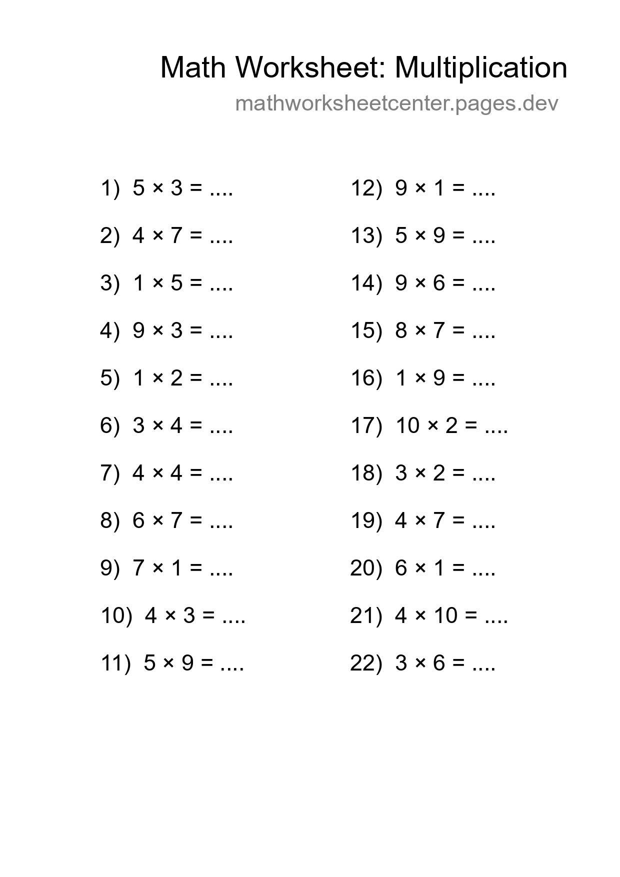 Free 22 Multiplication Math Worksheet For Grade 1 With Answers - Part 267