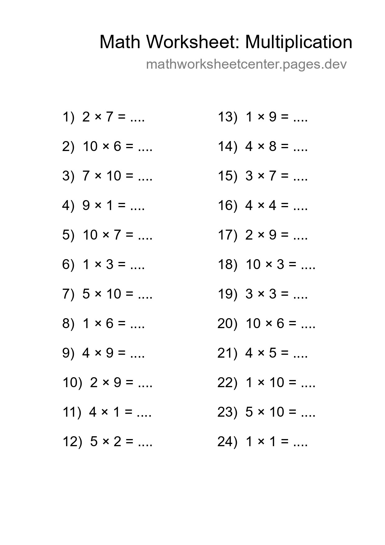Free 24 Multiplication Math Worksheet For Grade 1 With Answers - Part 297