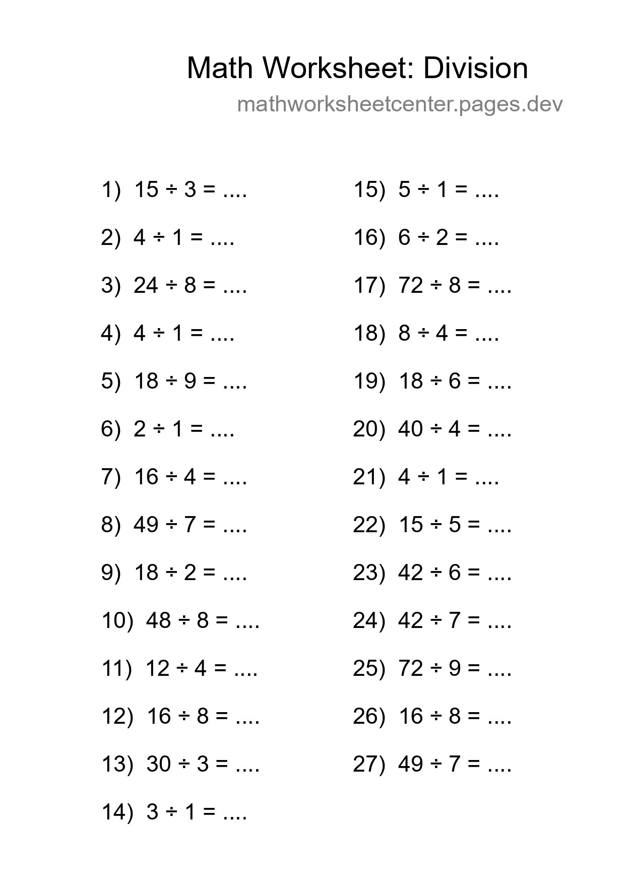 Free 27 Division Math Worksheet For Grade 1 With Answers - Part 64