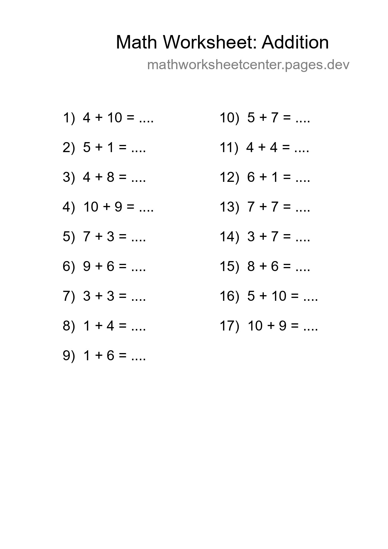 Grade 1 Addition Practice Worksheet (17 Problems)
