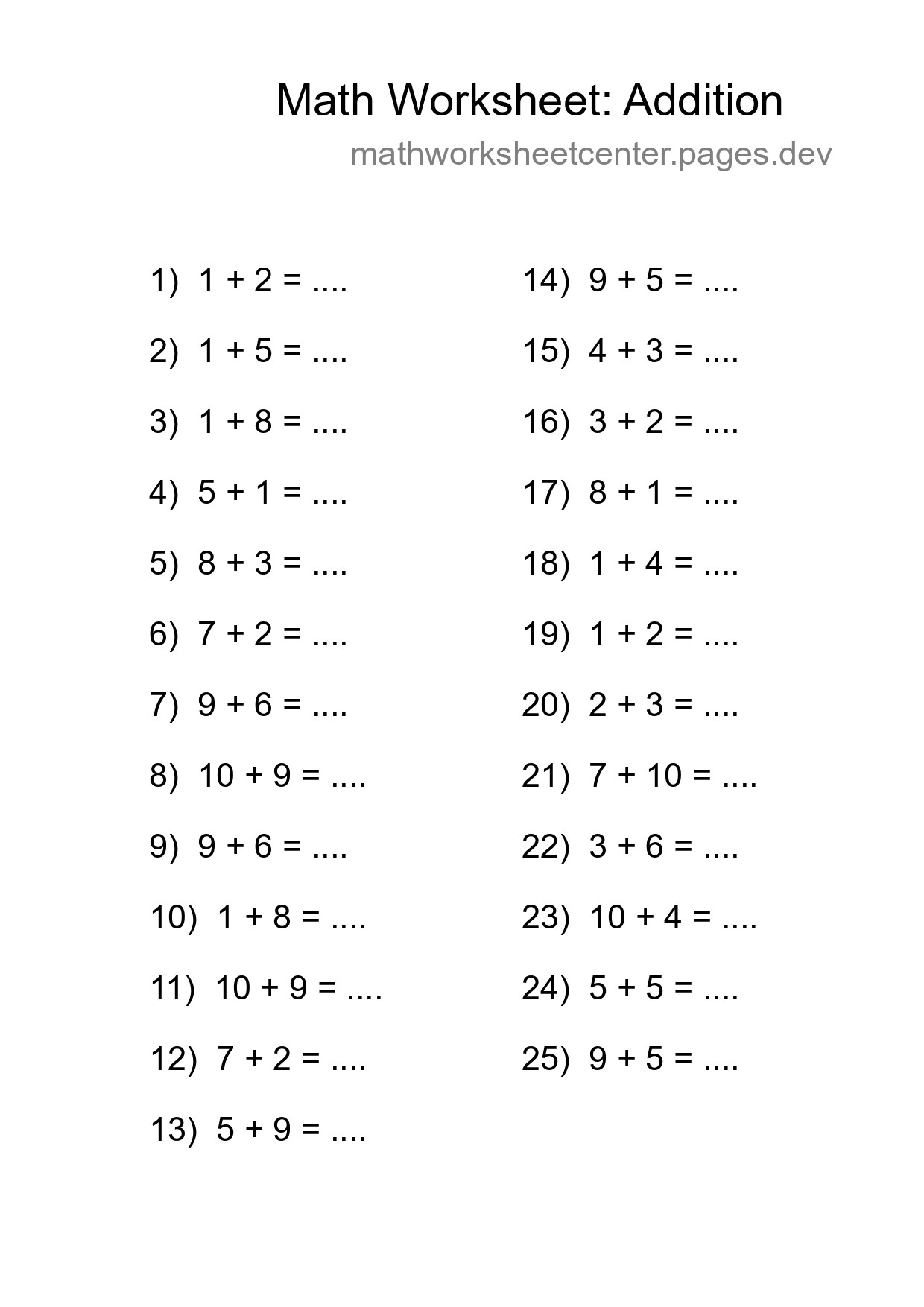 Grade 1 Addition Practice Worksheet (25 Problems) - Part 51