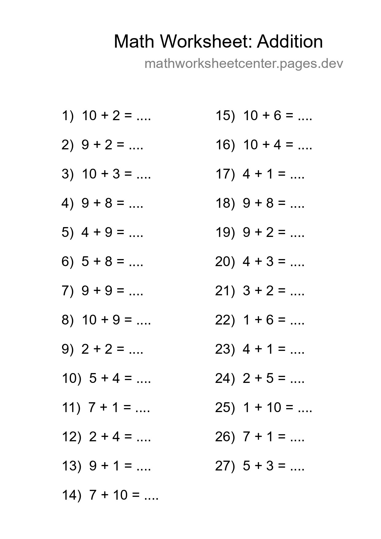 Grade 1 Addition Practice Worksheet (27 Problems) - Part 211