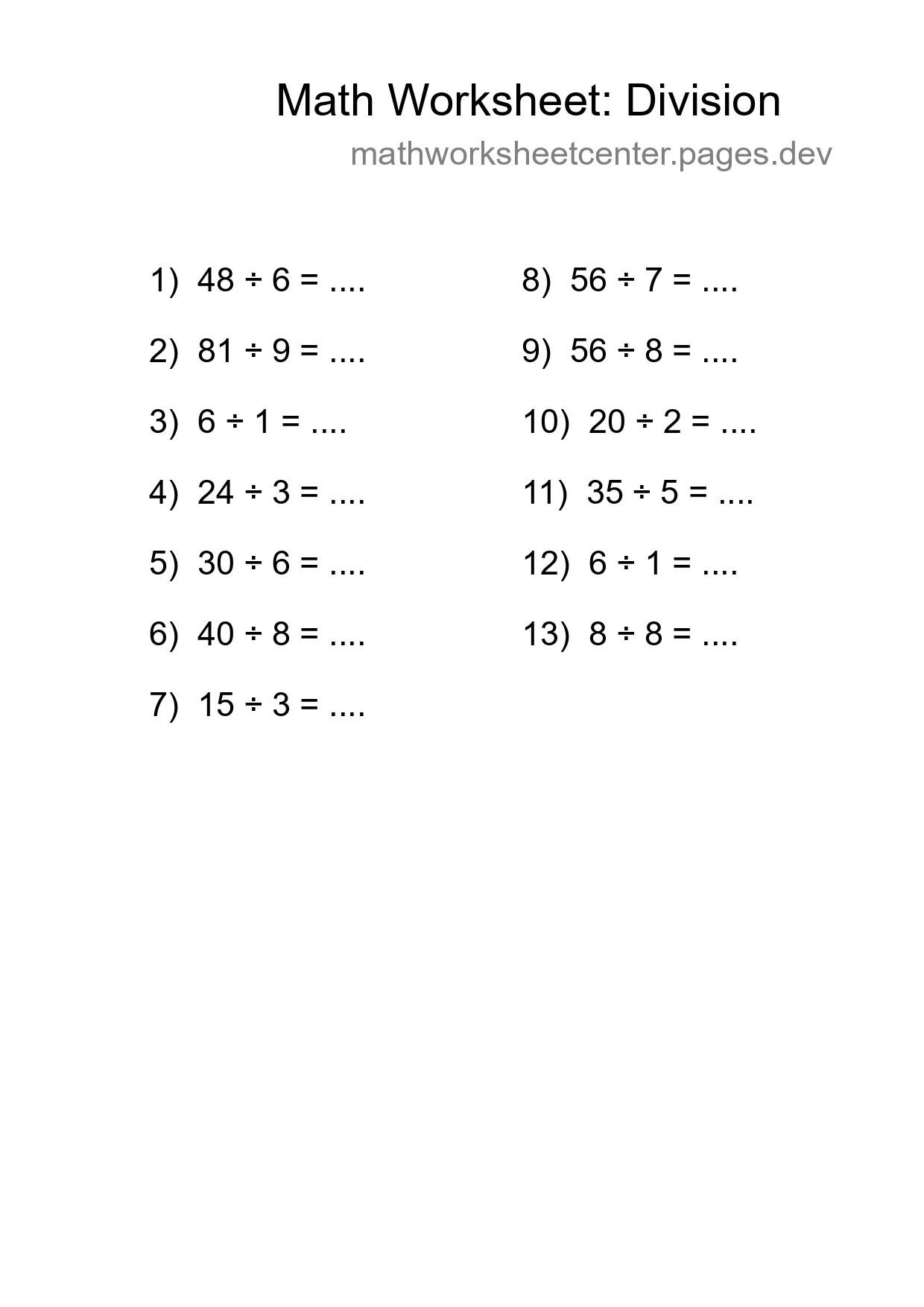 Grade 1 Division Practice Worksheet (13 Problems) - Part 154