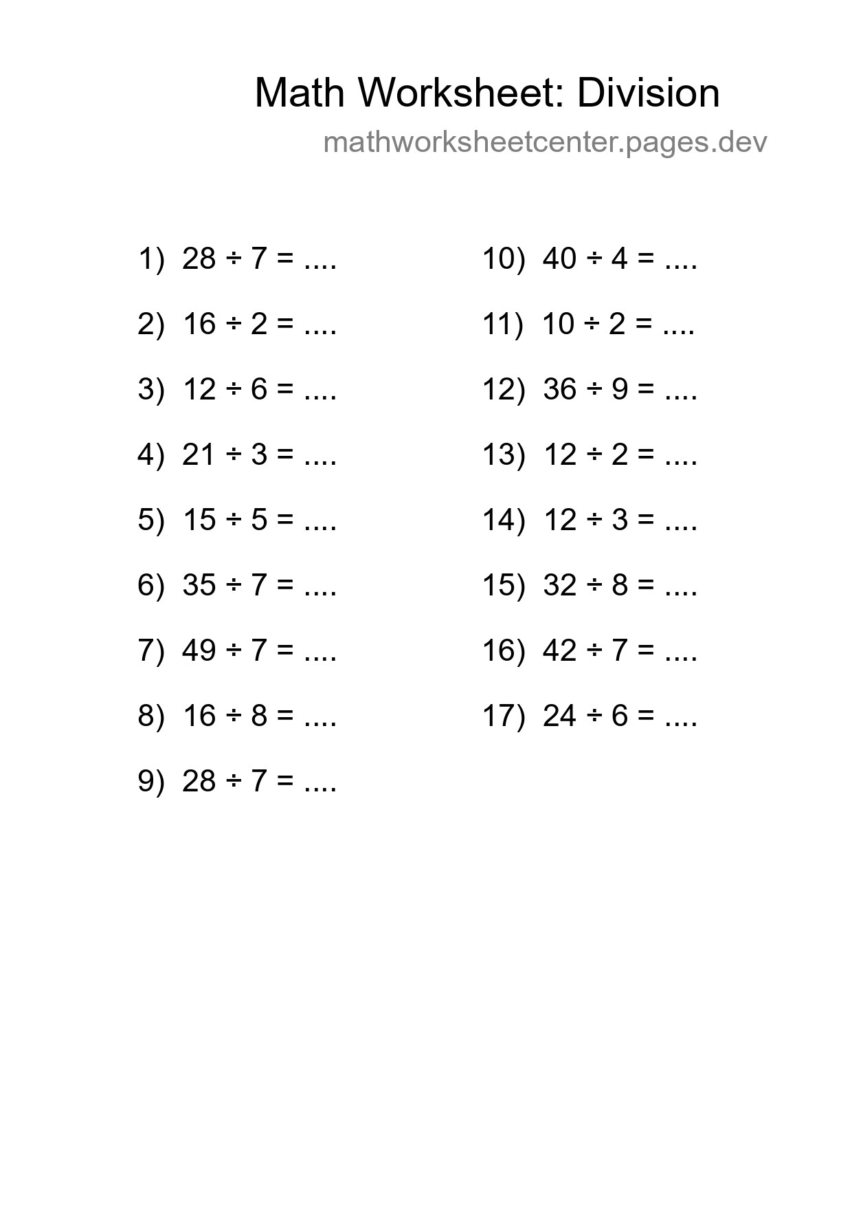 Grade 1 Division Practice Worksheet (17 Problems) - Part 164