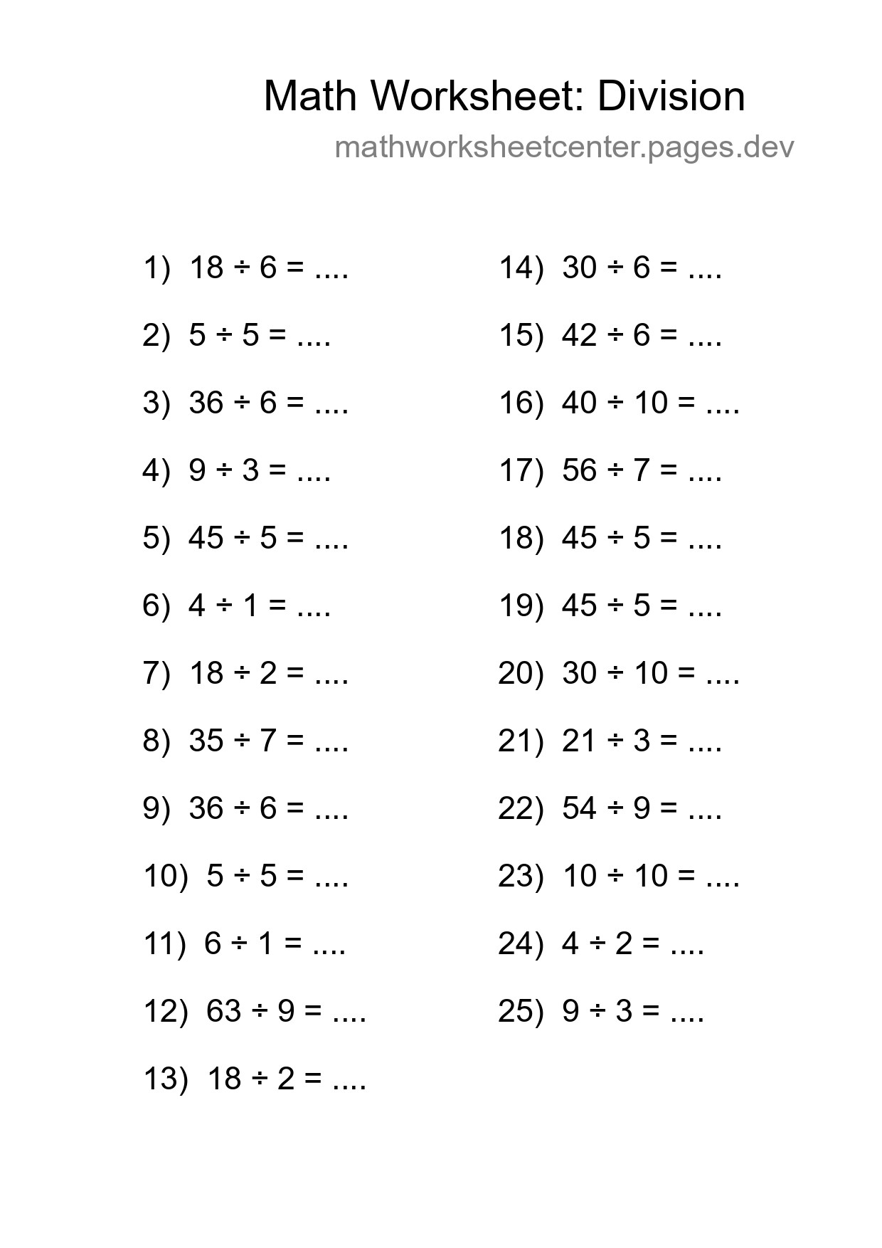 Grade 1 Division Practice Worksheet (25 Problems) - Part 134