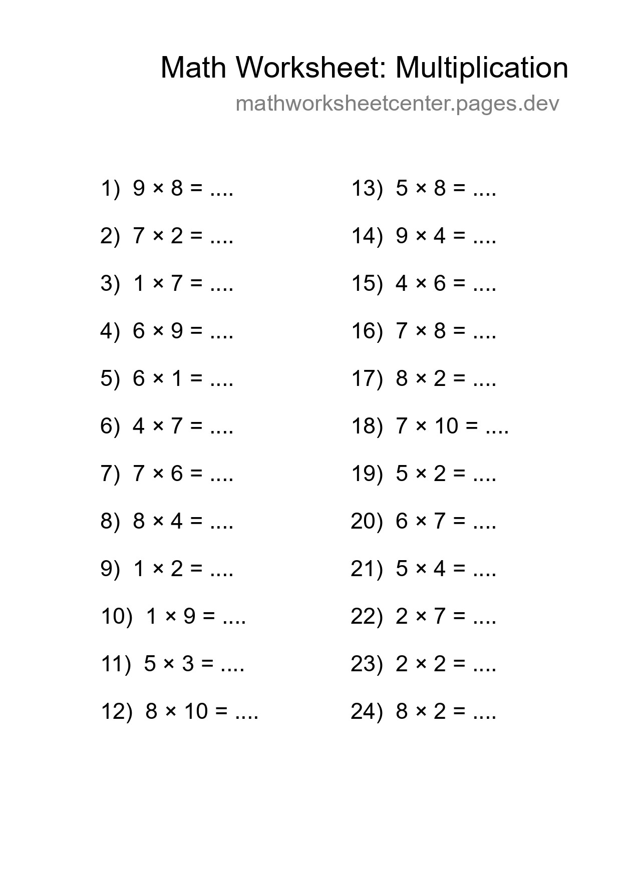 Grade 1 Multiplication Practice Worksheet (24 Problems) - Part 257