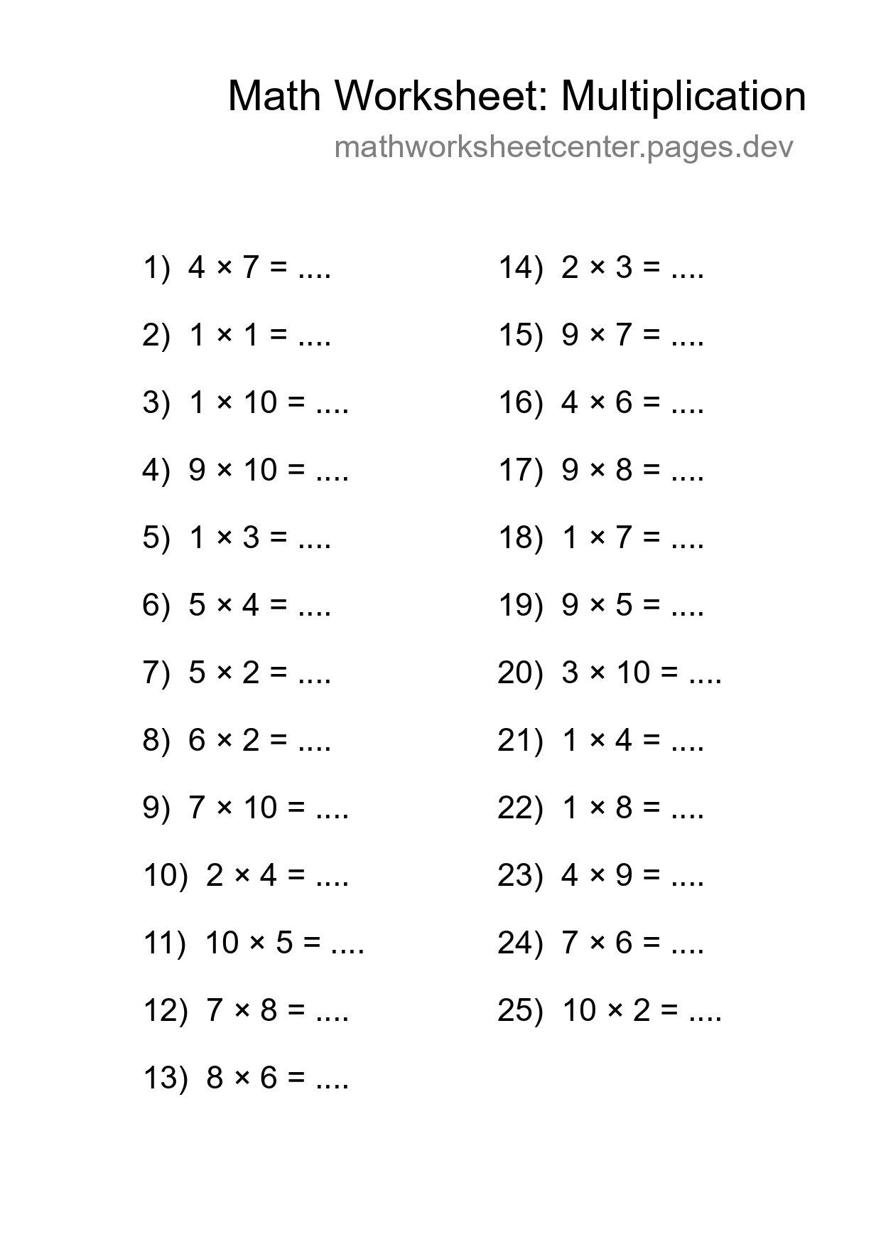 Grade 1 Multiplication Practice Worksheet (25 Problems) - Part 37