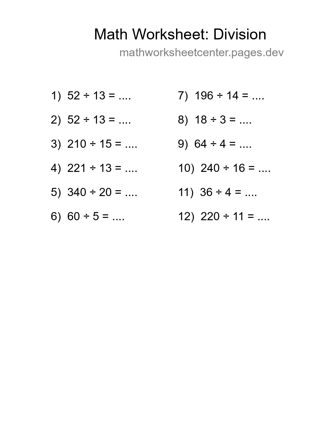 Grade 2 Division Practice Worksheet (12 Problems) - Part 194