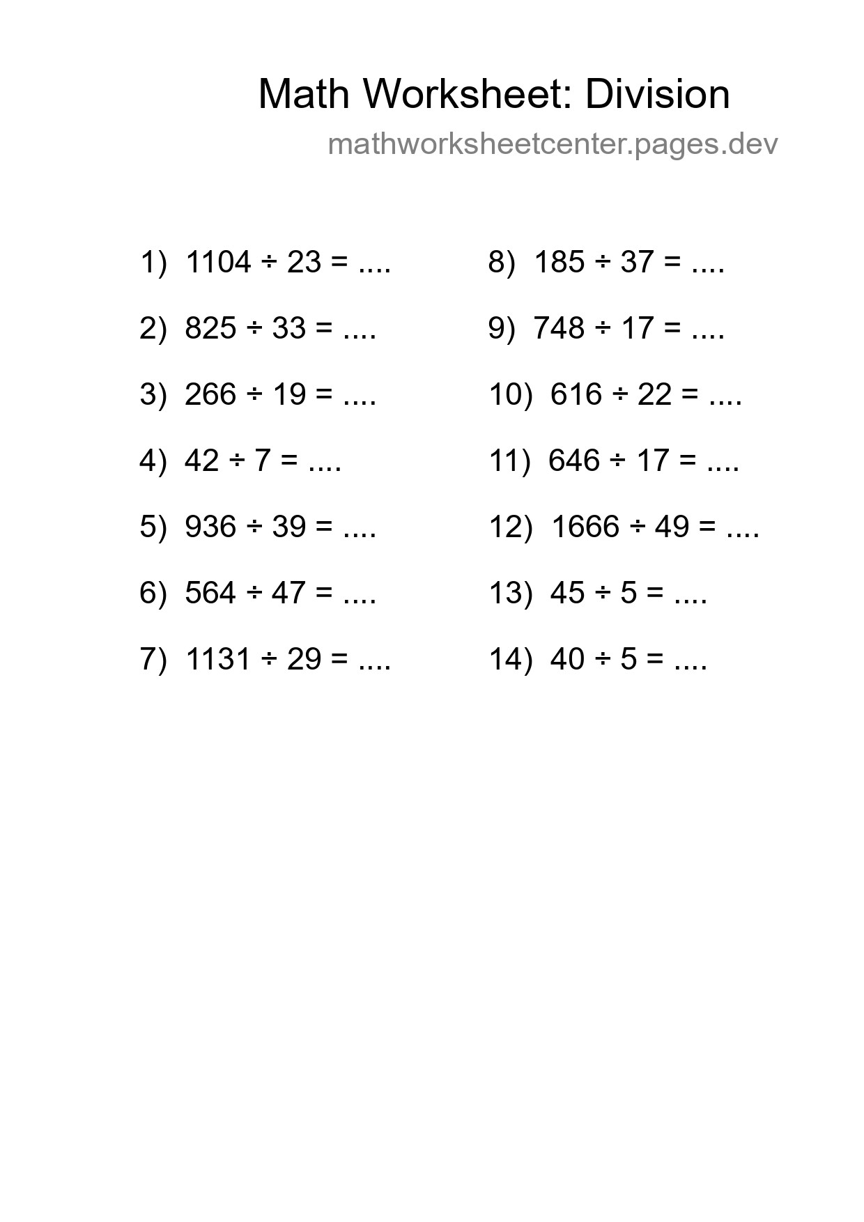 Grade 2 Division Practice Worksheet (14 Problems) - Part 104