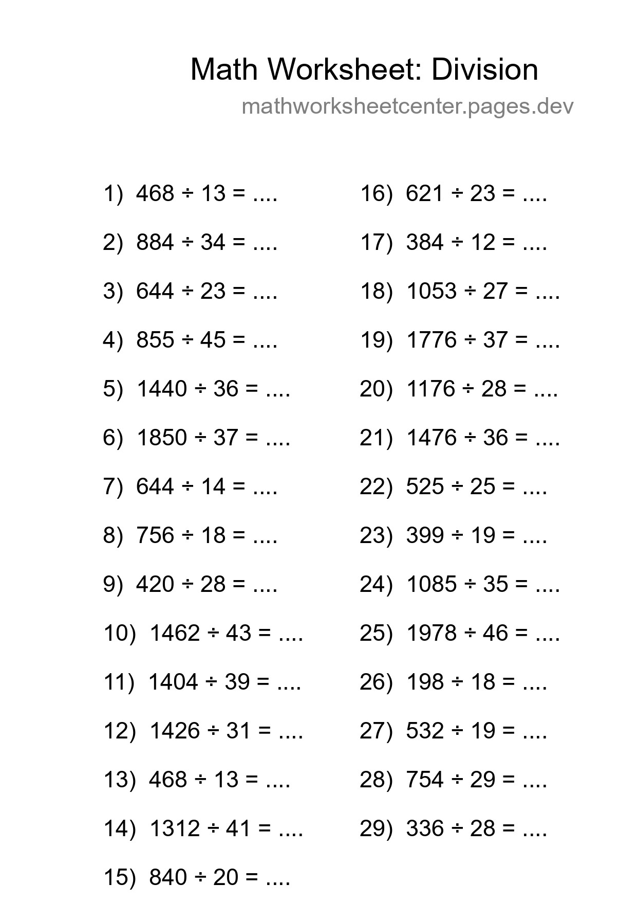 Grade 2 Division Practice Worksheet (29 Problems) - Part 294