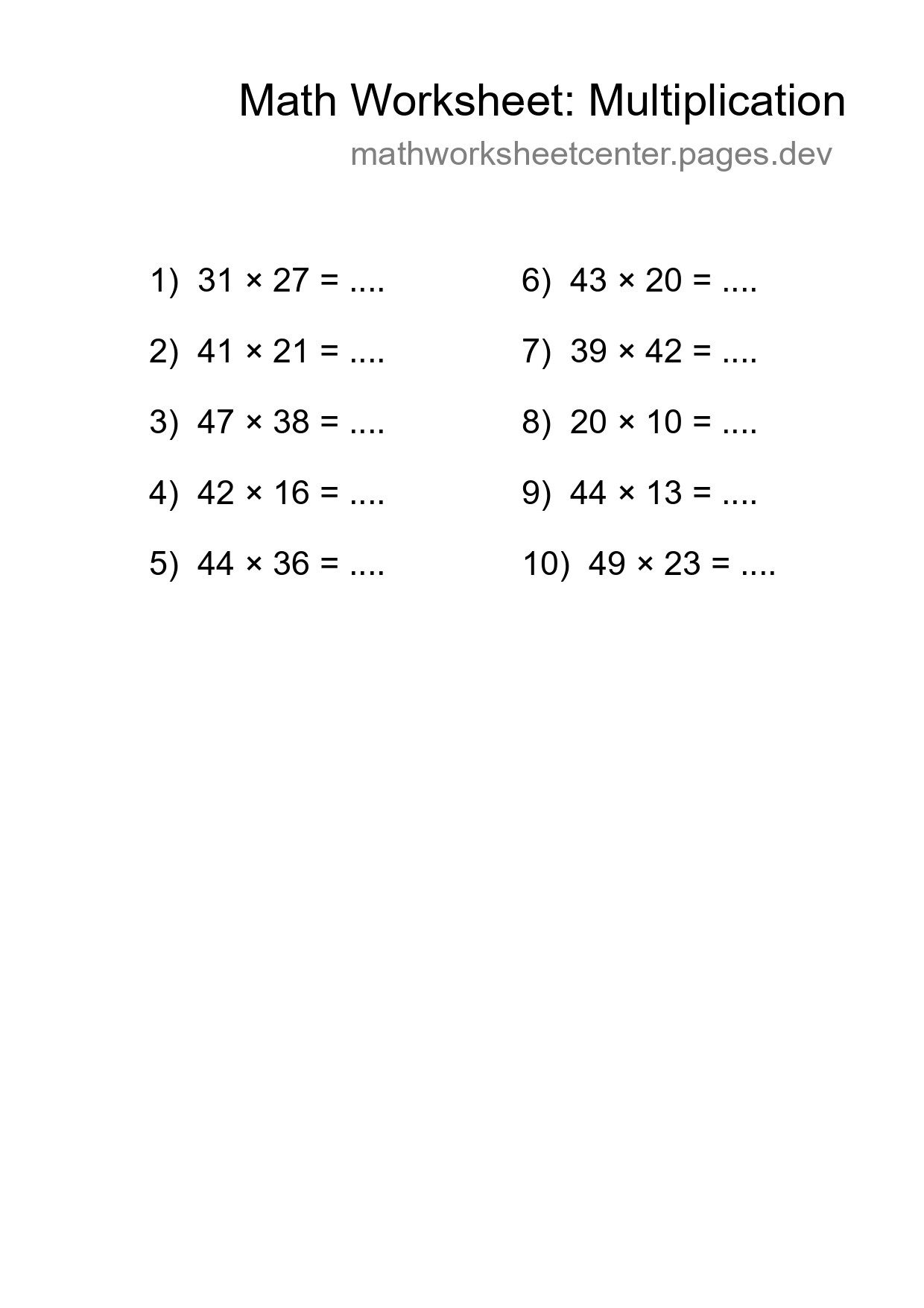 Grade 2 Multiplication Practice Worksheet (10 Problems) - Part 117