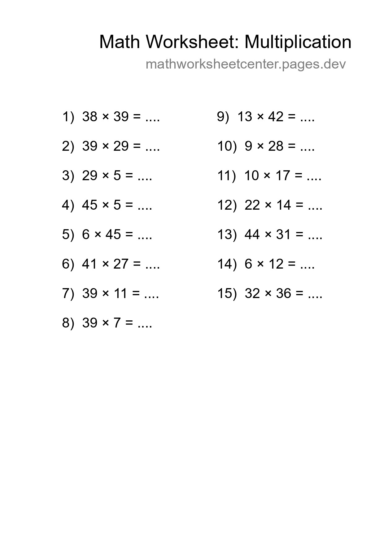Grade 2 Multiplication Practice Worksheet (15 Problems) - Part 277