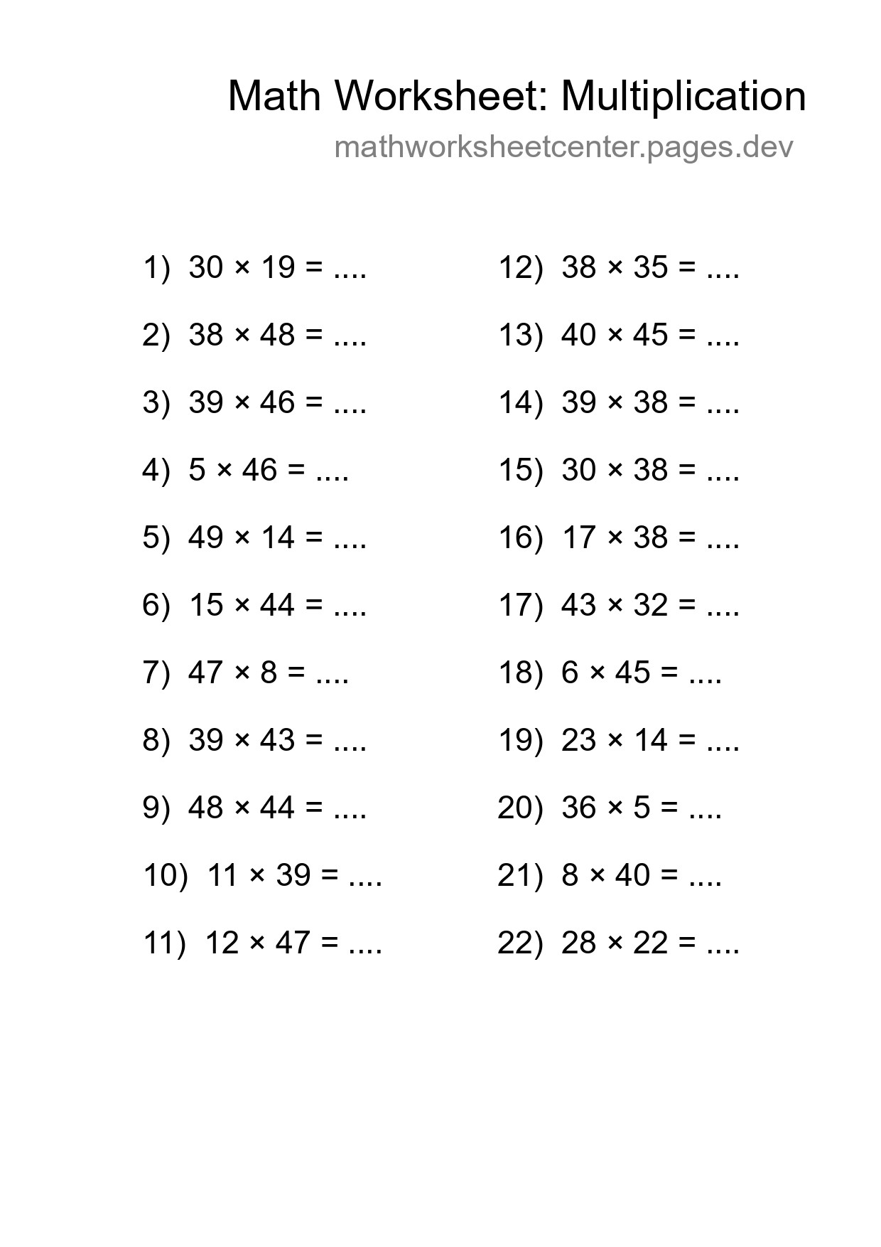 Grade 2 Multiplication Practice Worksheet (22 Problems) - Part 47
