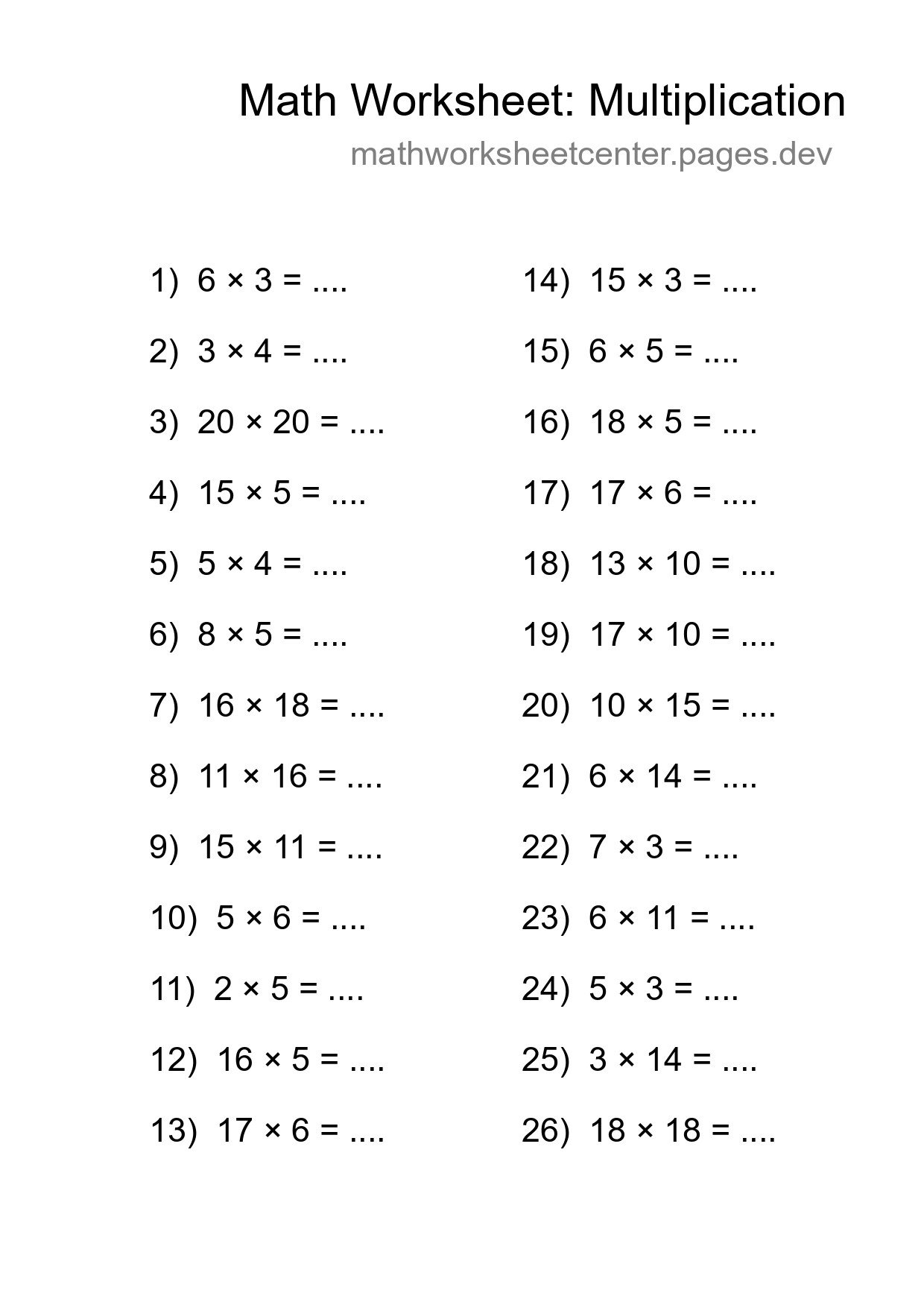 Grade 2 Multiplication Practice Worksheet (26 Problems) - Part 197