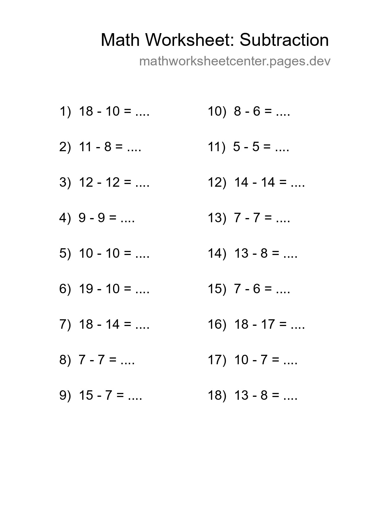 Grade 2 Subtraction Practice Worksheet (18 Problems) - Part 138