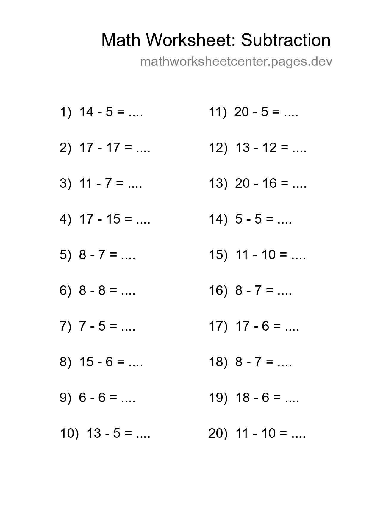 Grade 2 Subtraction Practice Worksheet (20 Problems) - Part 198