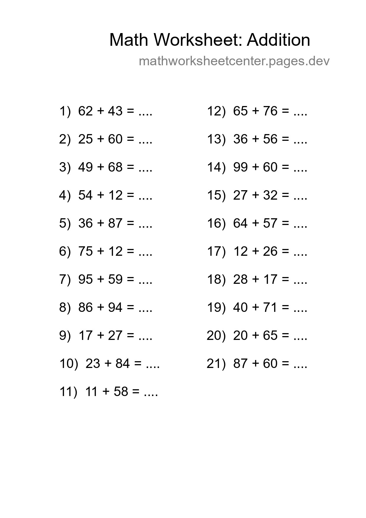 Grade 3 Addition Practice Worksheet (21 Problems) - Part 11