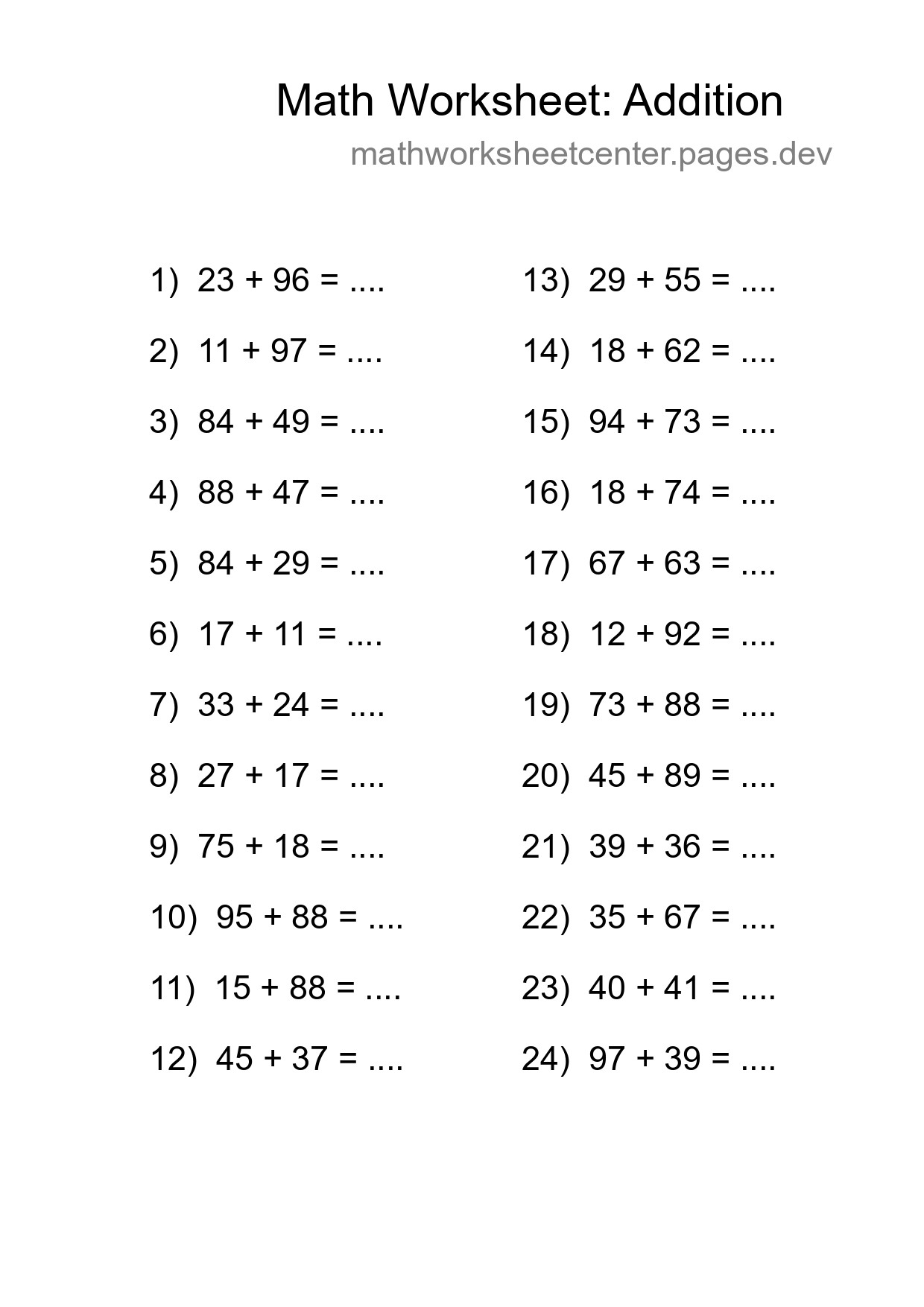 Grade 3 Addition Practice Worksheet (24 Problems) - Part 221