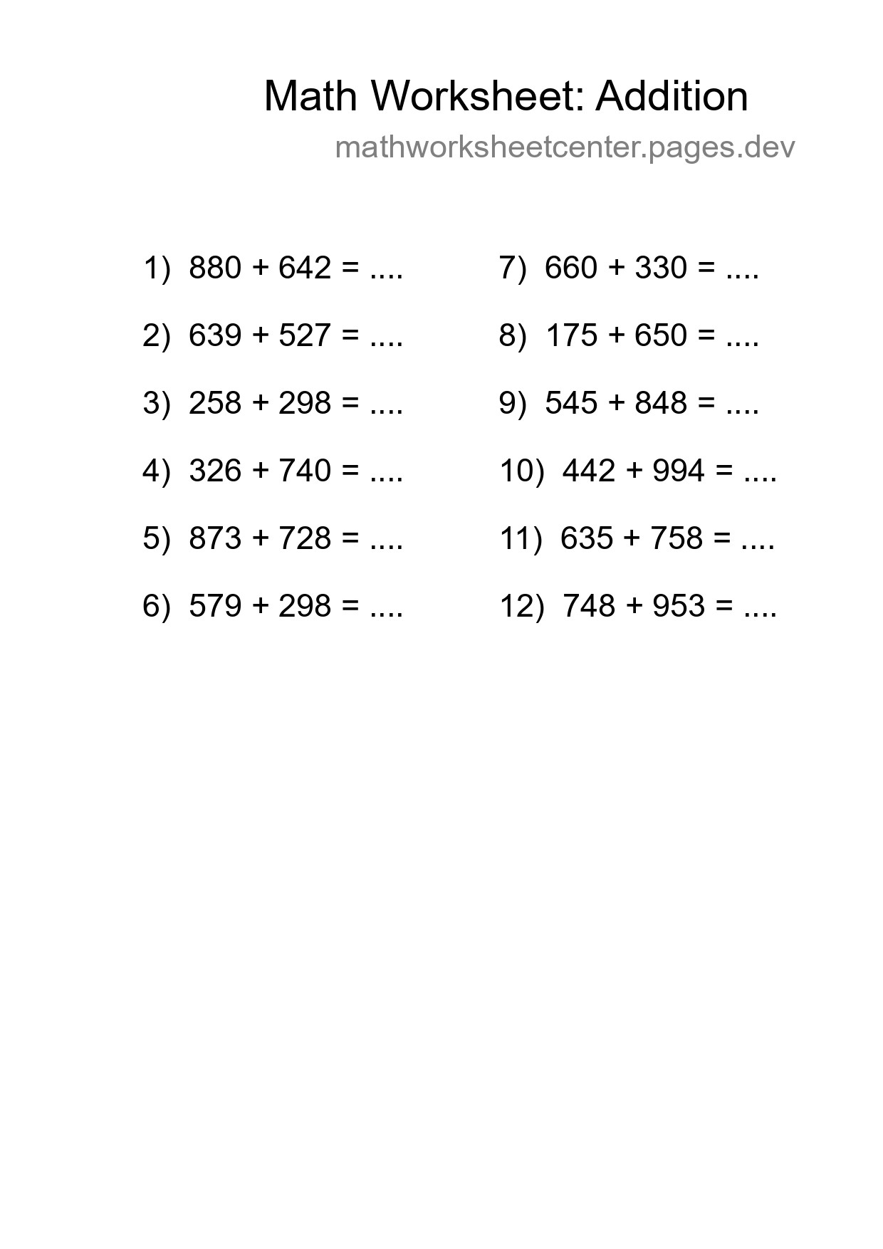 Grade 5 Addition Practice Worksheet (12 Problems) - Part 281