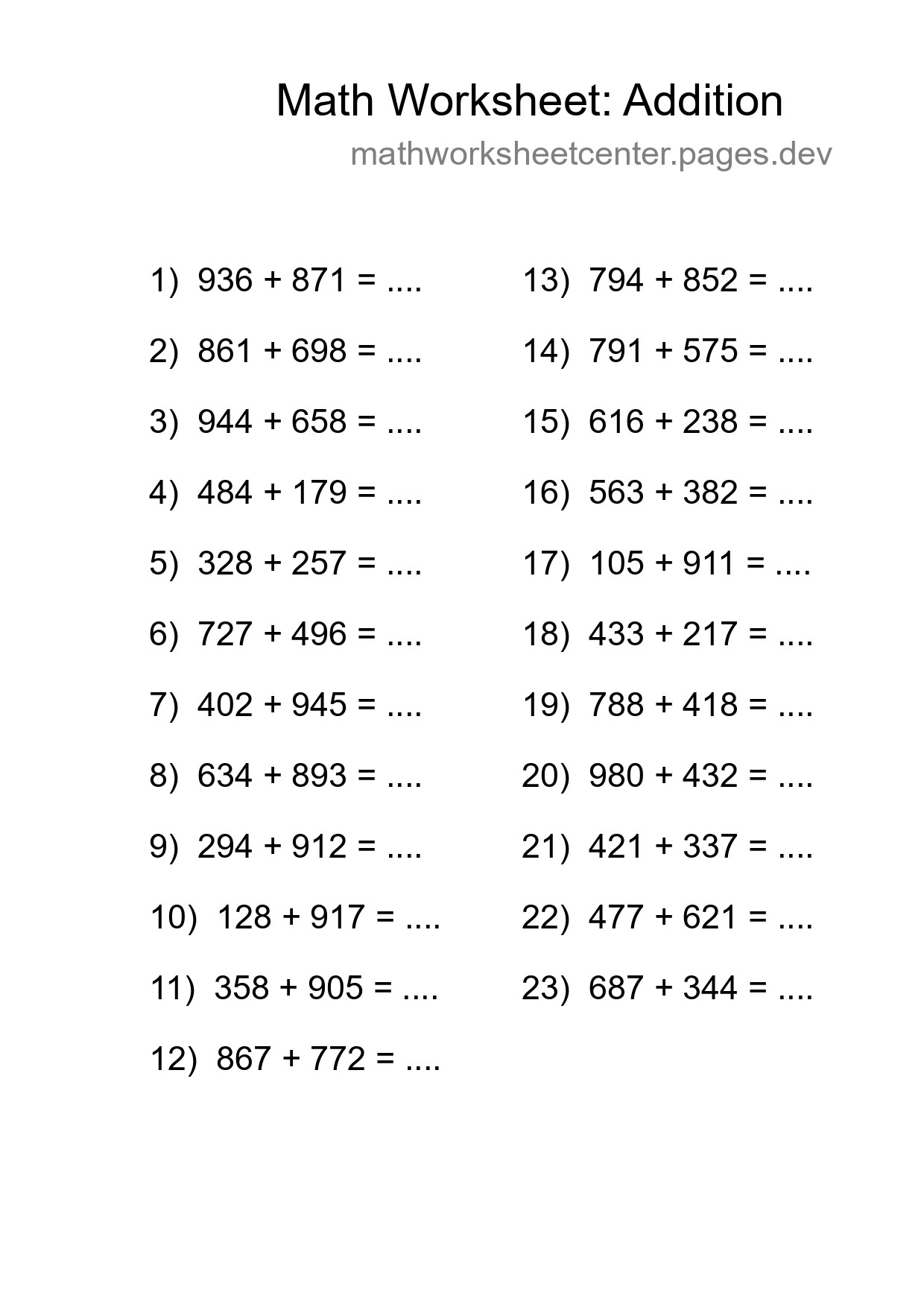 Grade 5 Addition Practice Worksheet (23 Problems) - Part 31