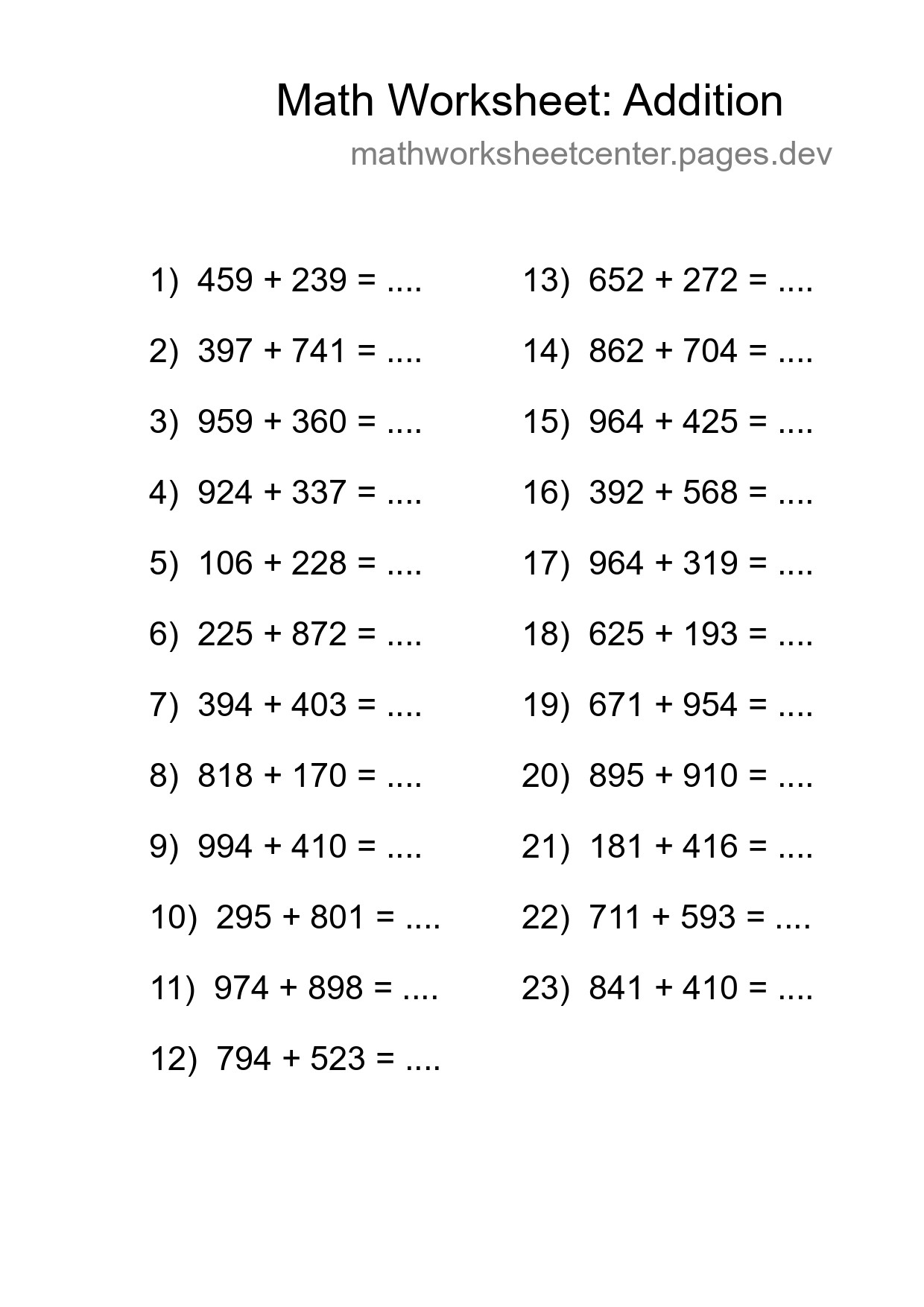 Grade 5 Addition Practice Worksheet (23 Problems) - Part 81