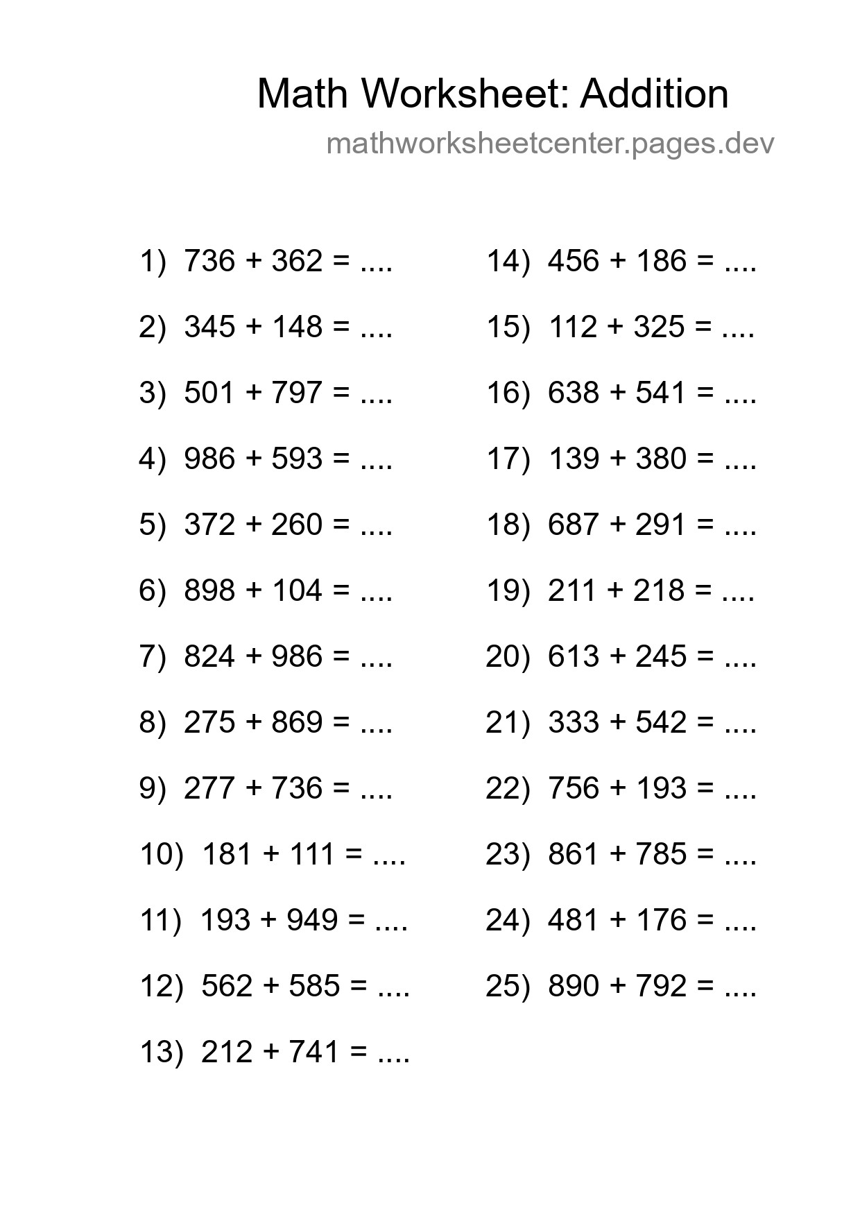 Grade 5 Addition Practice Worksheet (25 Problems) - Part 271