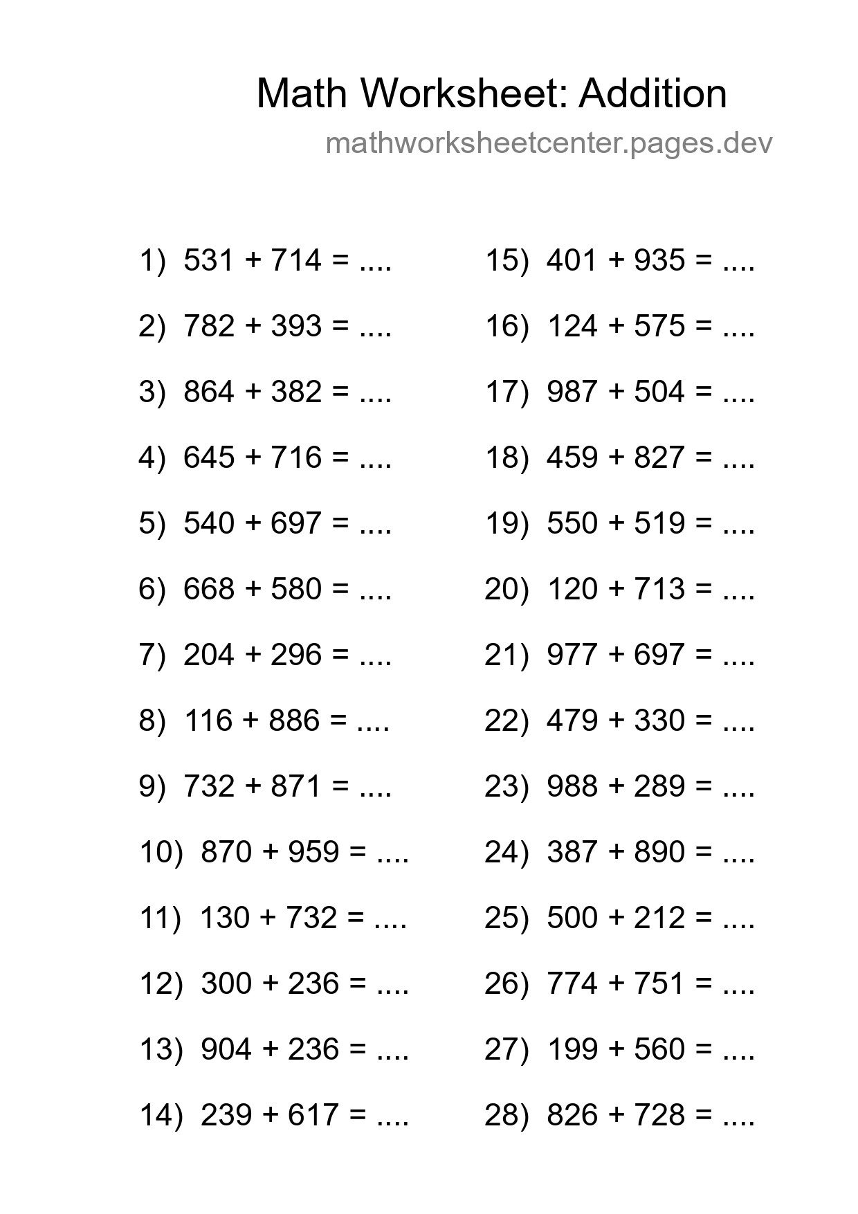 Grade 5 Addition Practice Worksheet (28 Problems) - Part 171