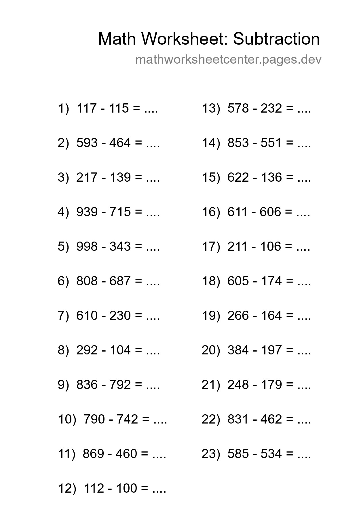 Grade 5 Subtraction Practice Worksheet (23 Problems) - Part 78