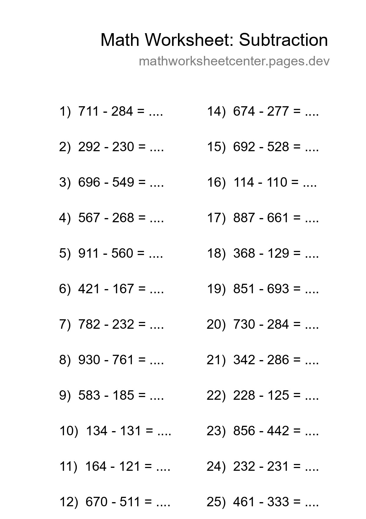 Grade 5 Subtraction Practice Worksheet (25 Problems) - Part 218