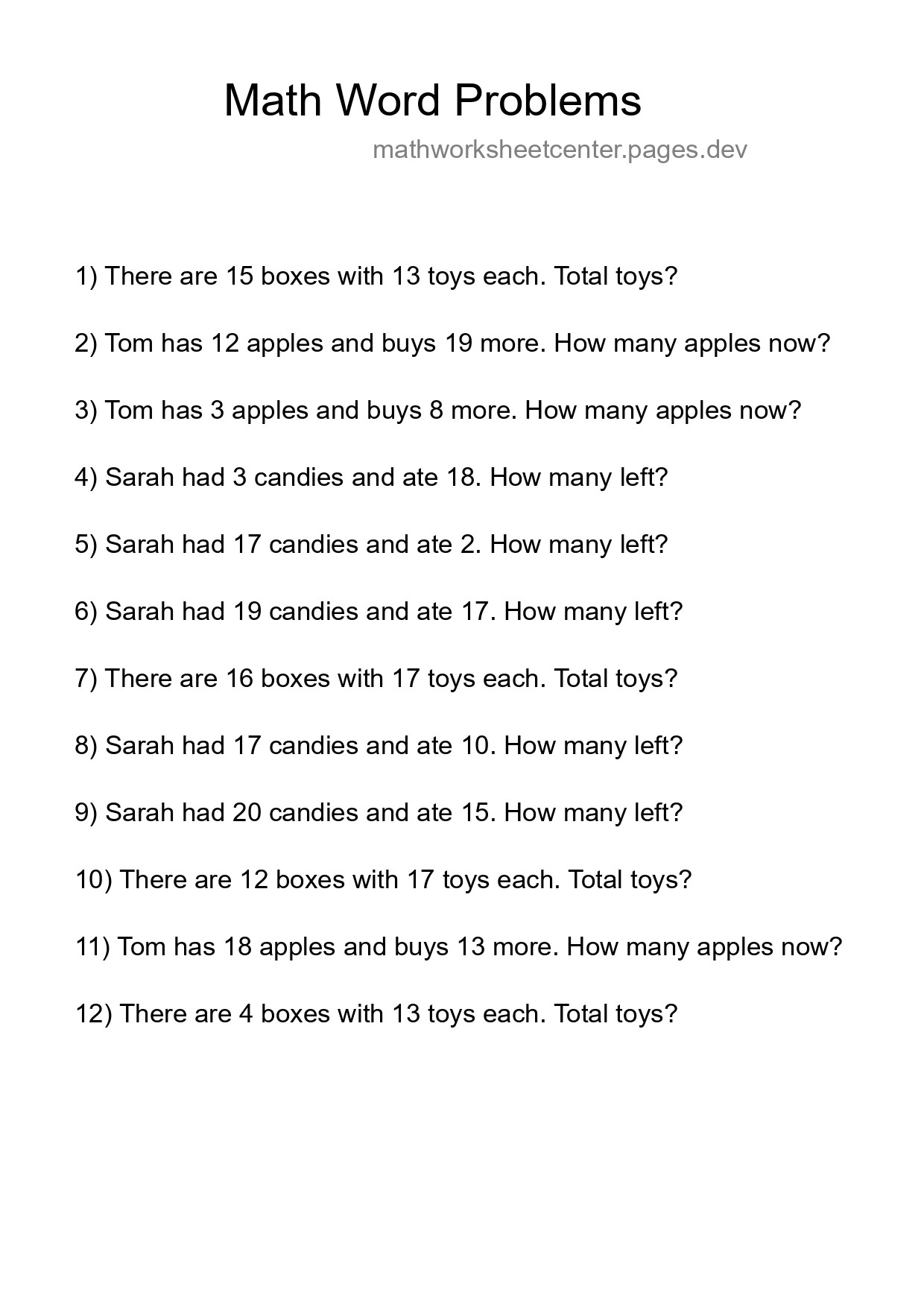 Math Word Problem Worksheet