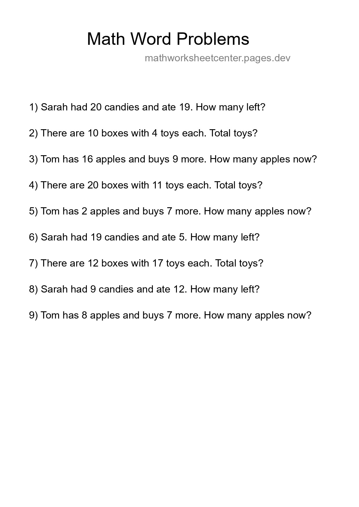 Math Word Problem Worksheet