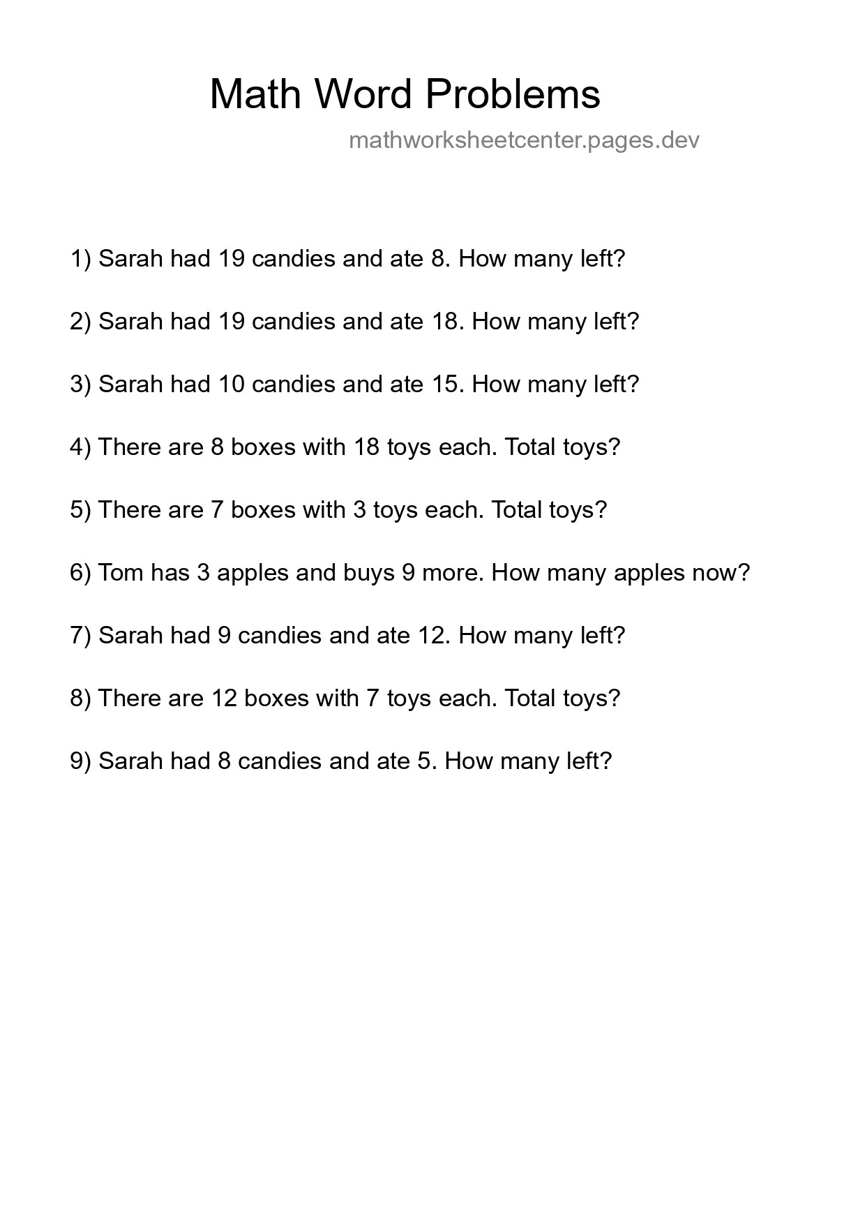 Math Word Problem Worksheet