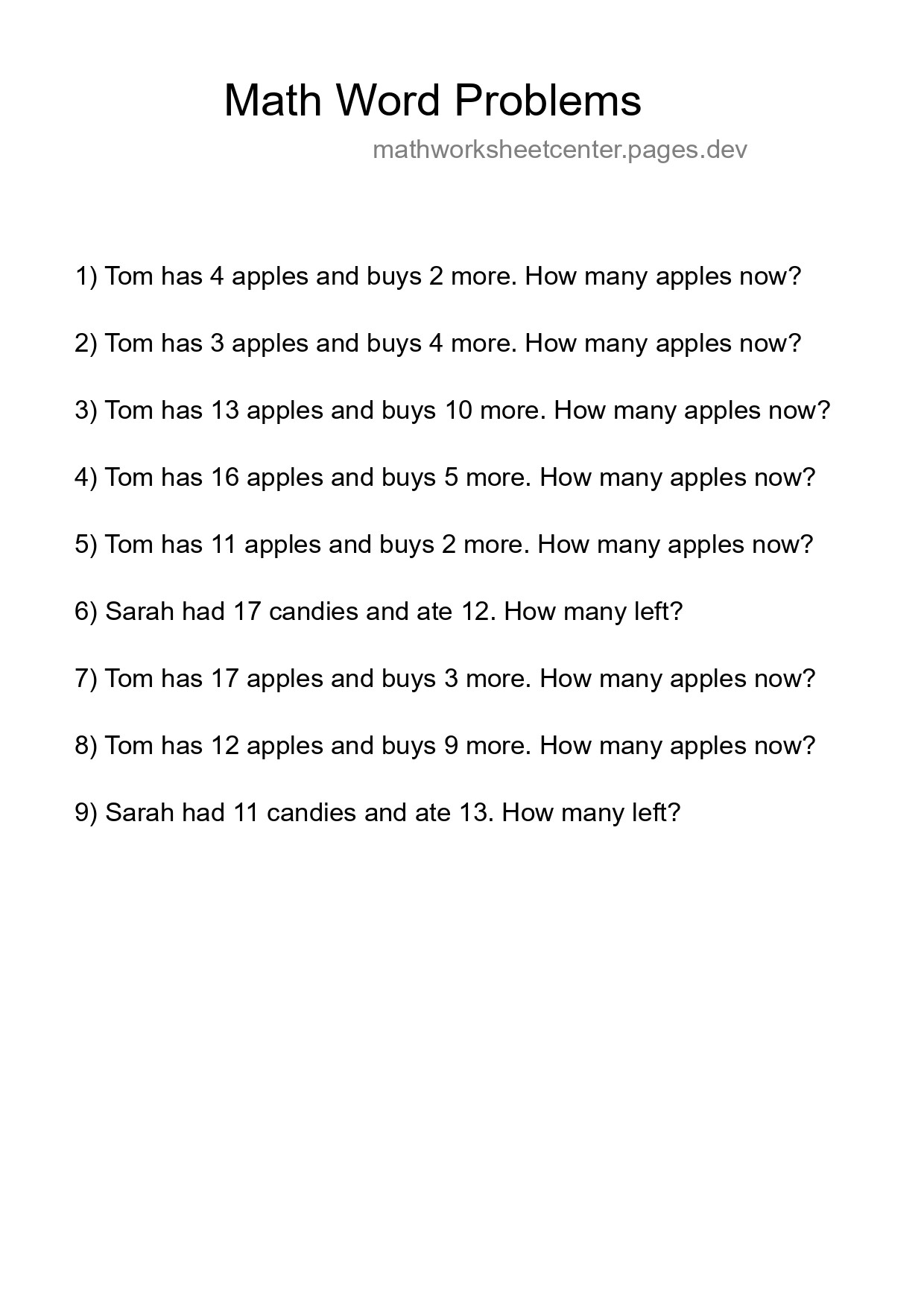 Math Word Problem Worksheet
